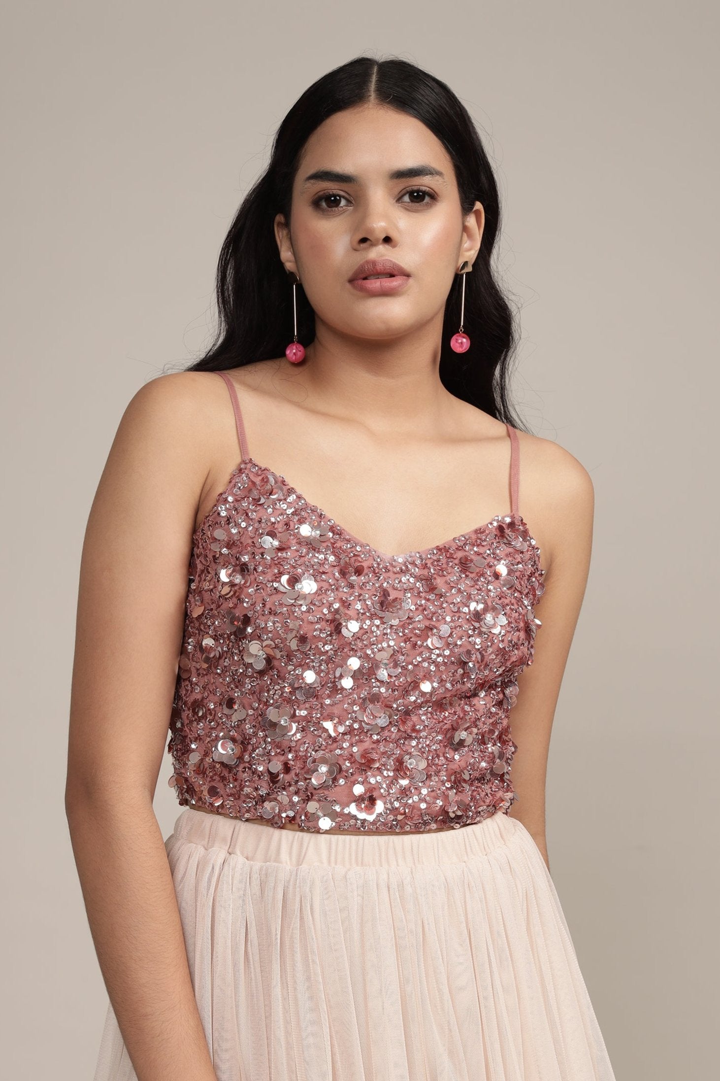 embellished sequin strappy crop-top pink