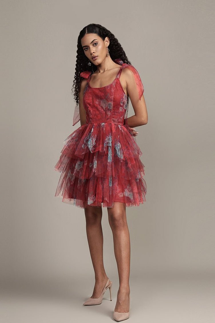 Sava Tulle Mini Dress in Red Print