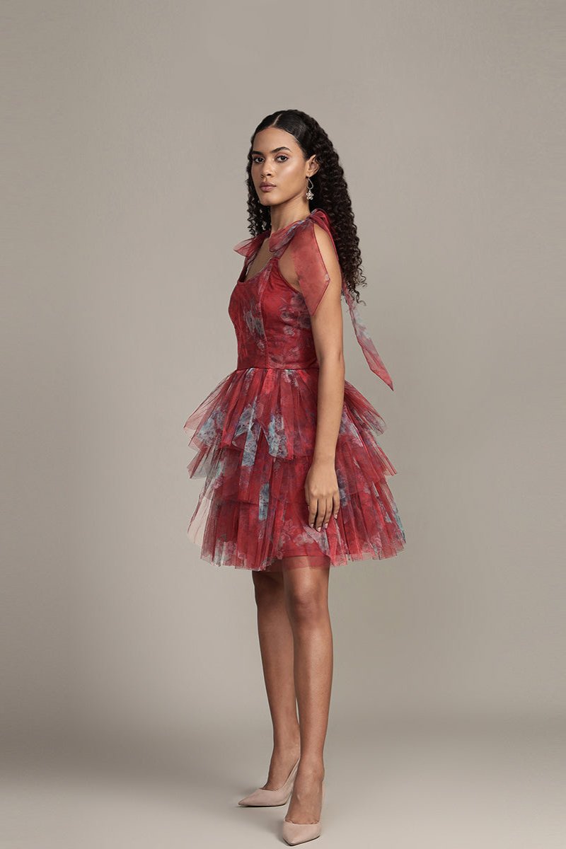 Sava Tulle Mini Dress in Red Print