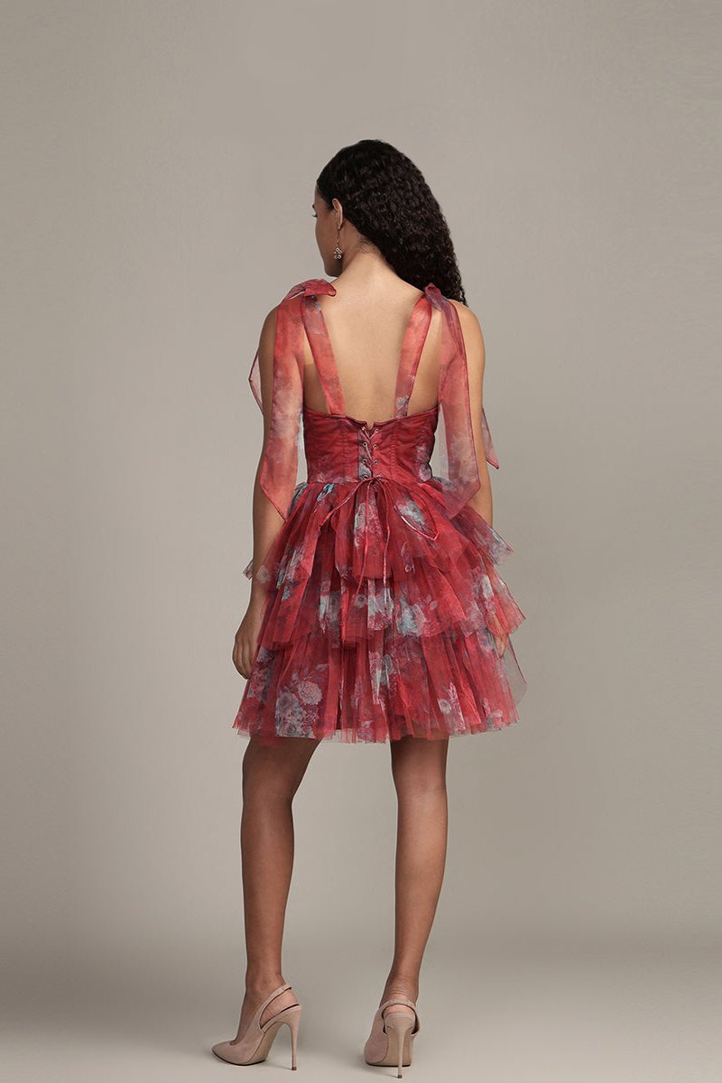 Sava Tulle Mini Dress in Red Print