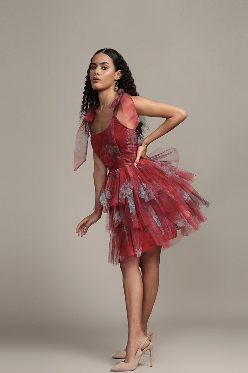 Sava Tulle Mini Dress in Red Print