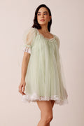 Pistachio sage green mini dress white lace trim bow swing babydoll 