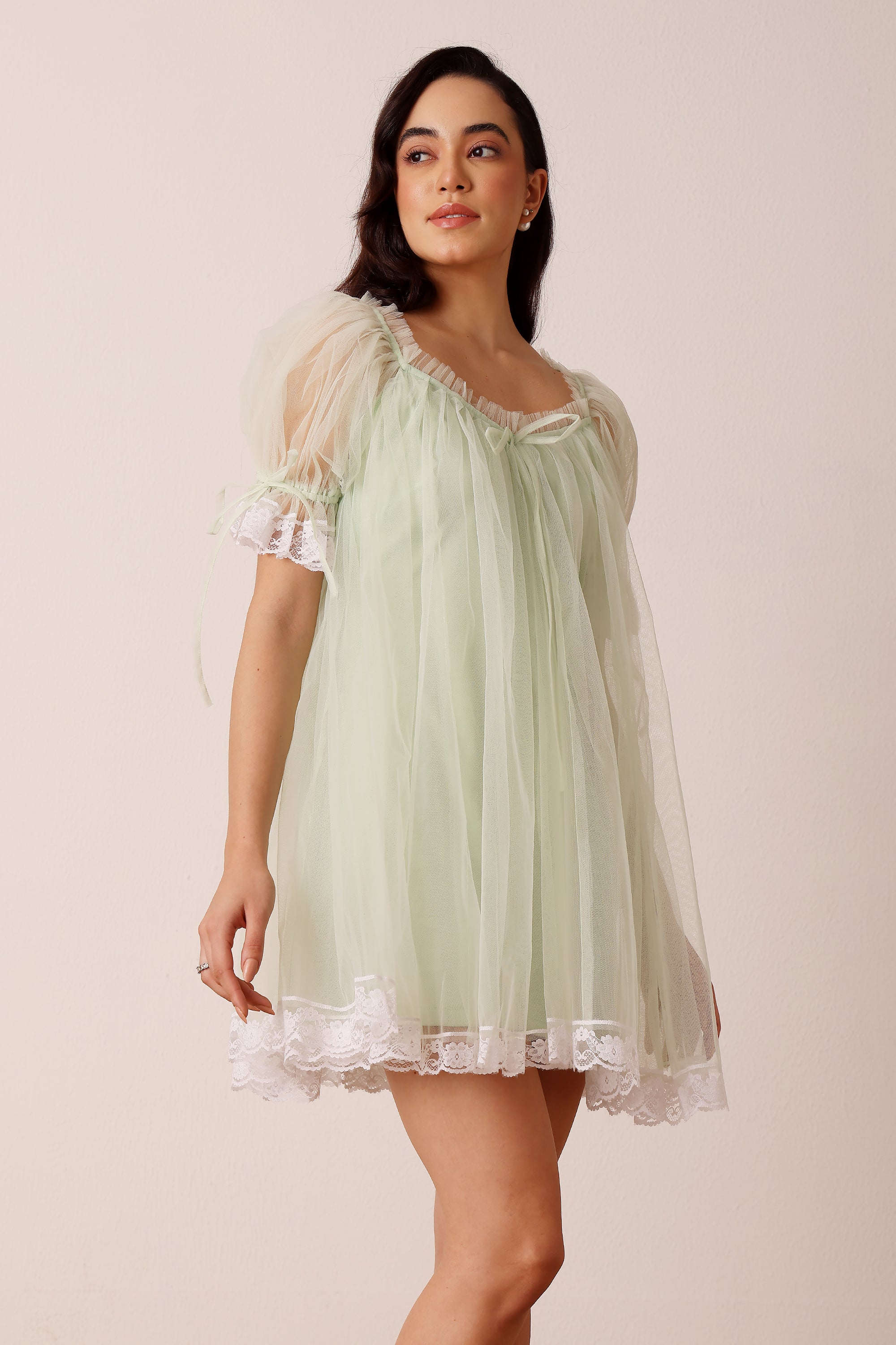 Pistachio sage green mini dress white lace trim bow swing babydoll 