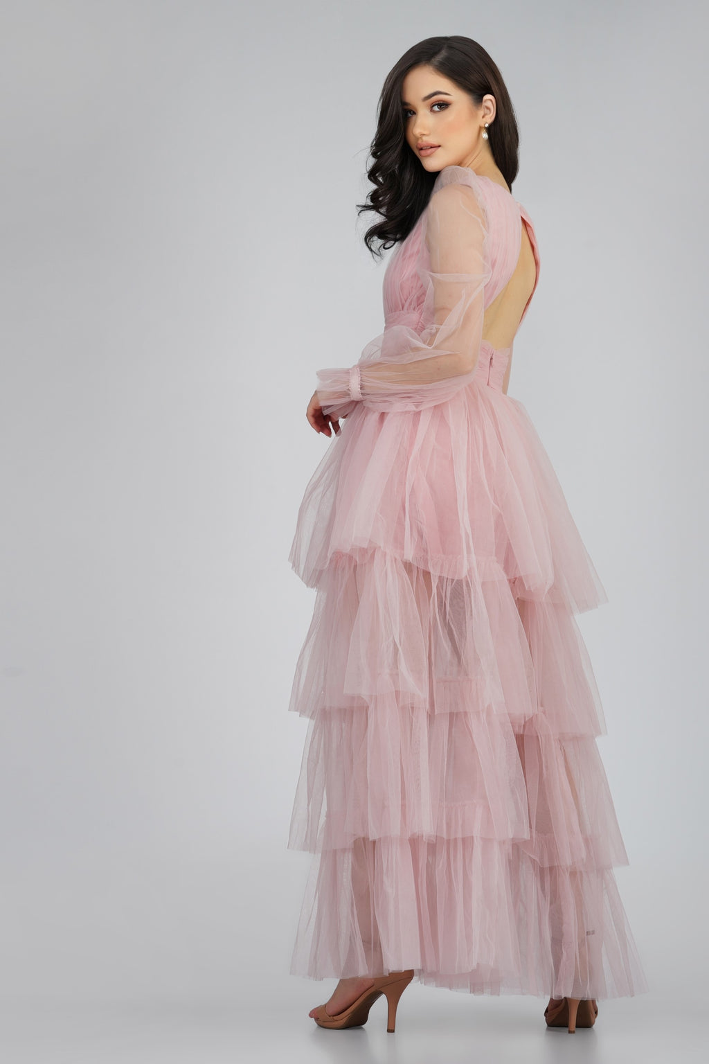 Salma Long Sleeve Tulle Maxi Dress in Pink UK6 / Pink
