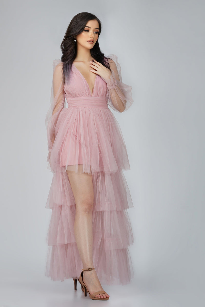 Salma Long Sleeve Tulle Maxi Dress in Pink Lace Beads