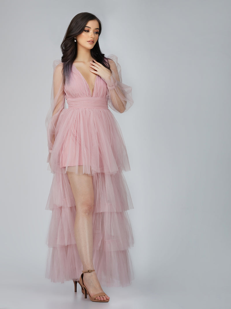 Salma Long Sleeve Tulle Maxi Dress in Pink
