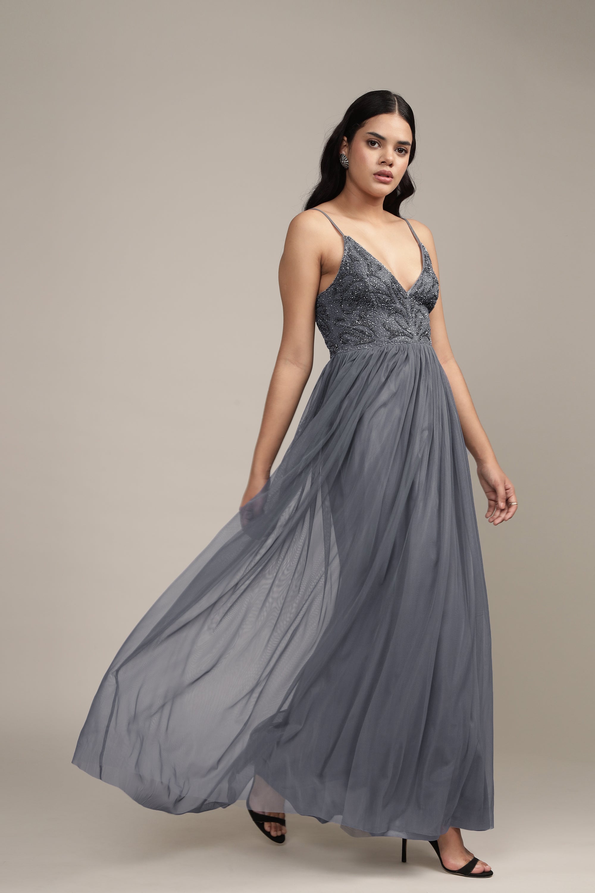 Seraphina Embellished Maxi Dress in Grey – Lace & Beads