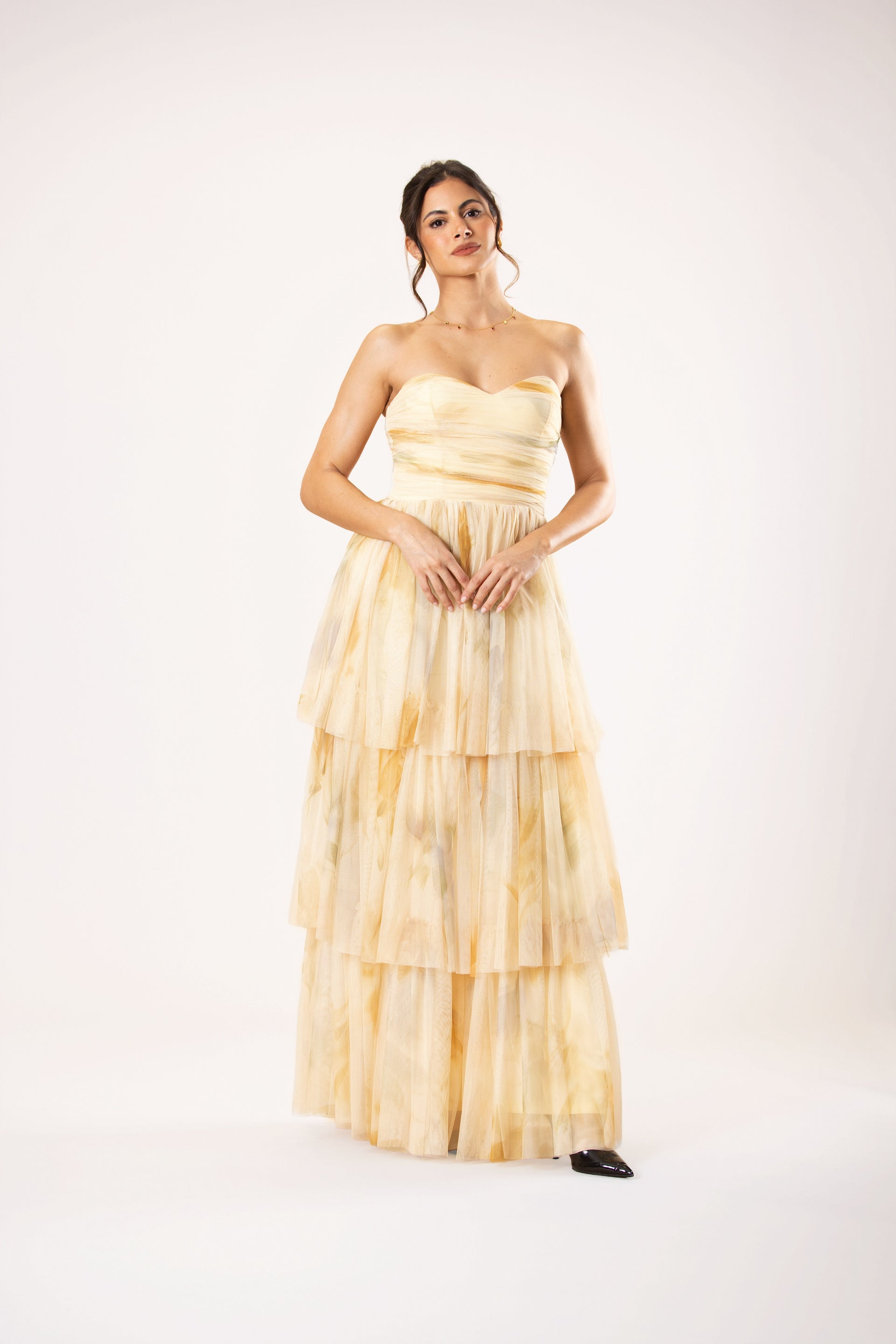 Shaelyn Strapless Tulle Maxi Dress in Golden Petal