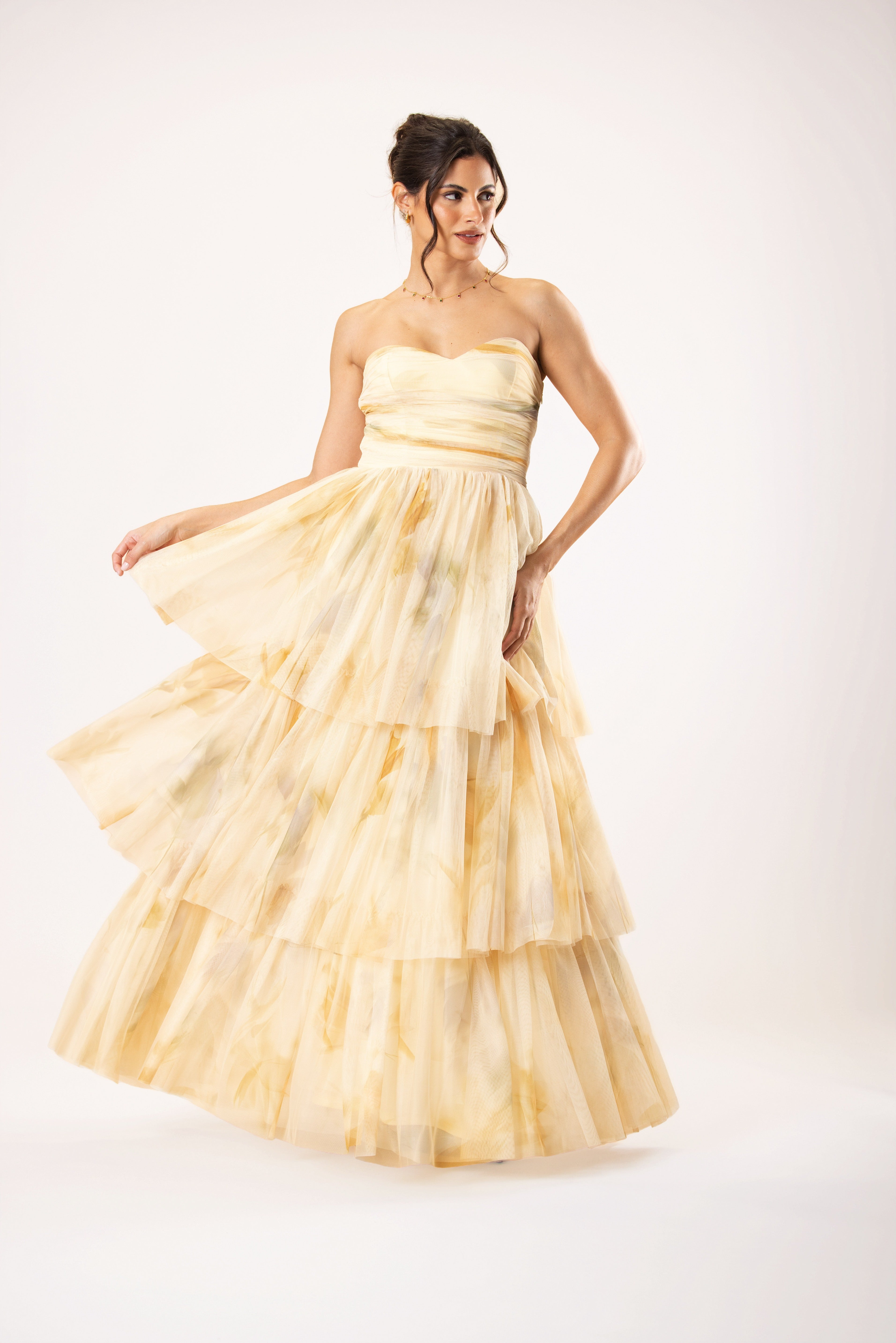 Shaelyn Strapless Tulle Maxi Dress in Golden Petal