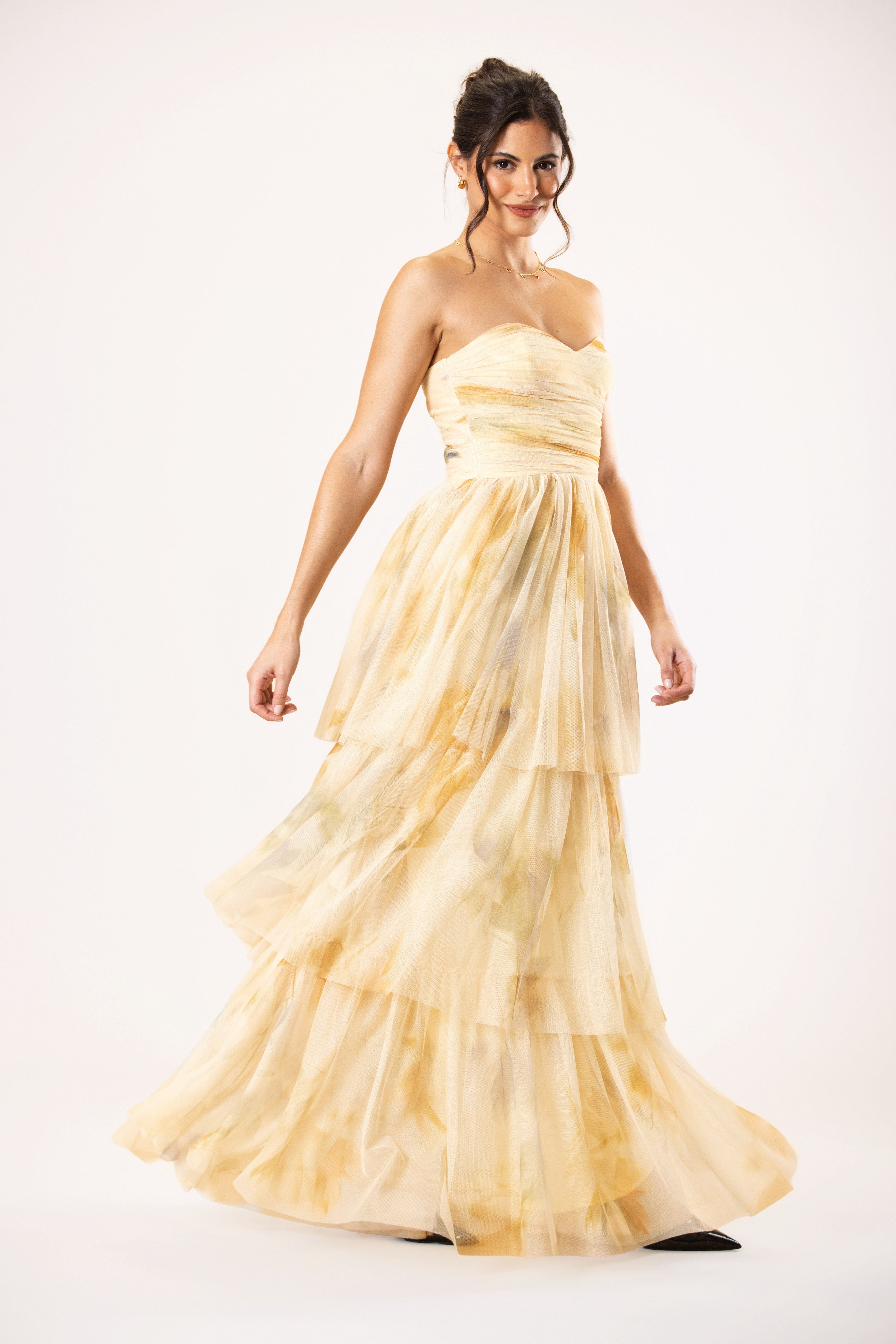 Shaelyn Strapless Tulle Maxi Dress in Golden Petal