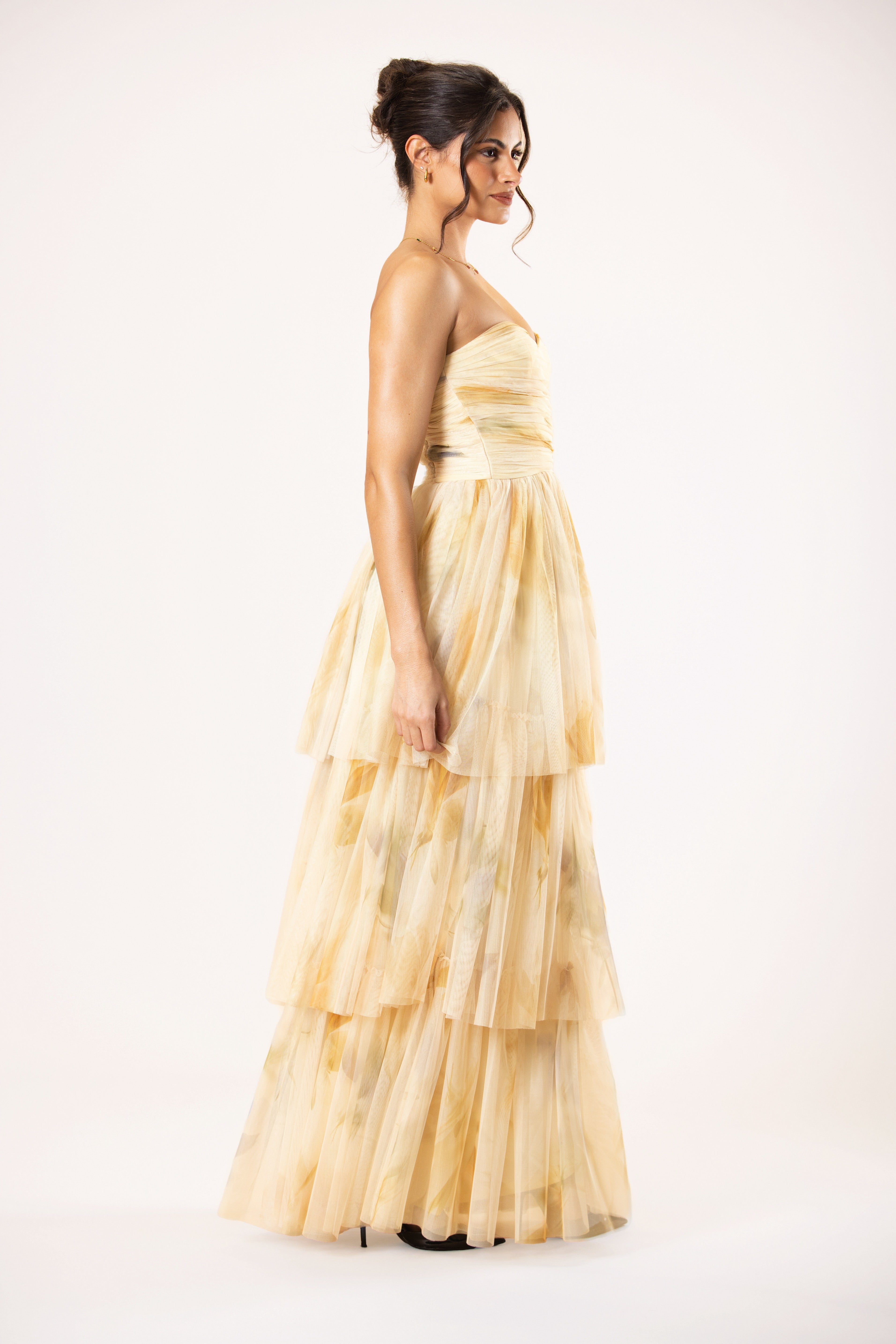 Shaelyn Strapless Tulle Maxi Dress in Golden Petal