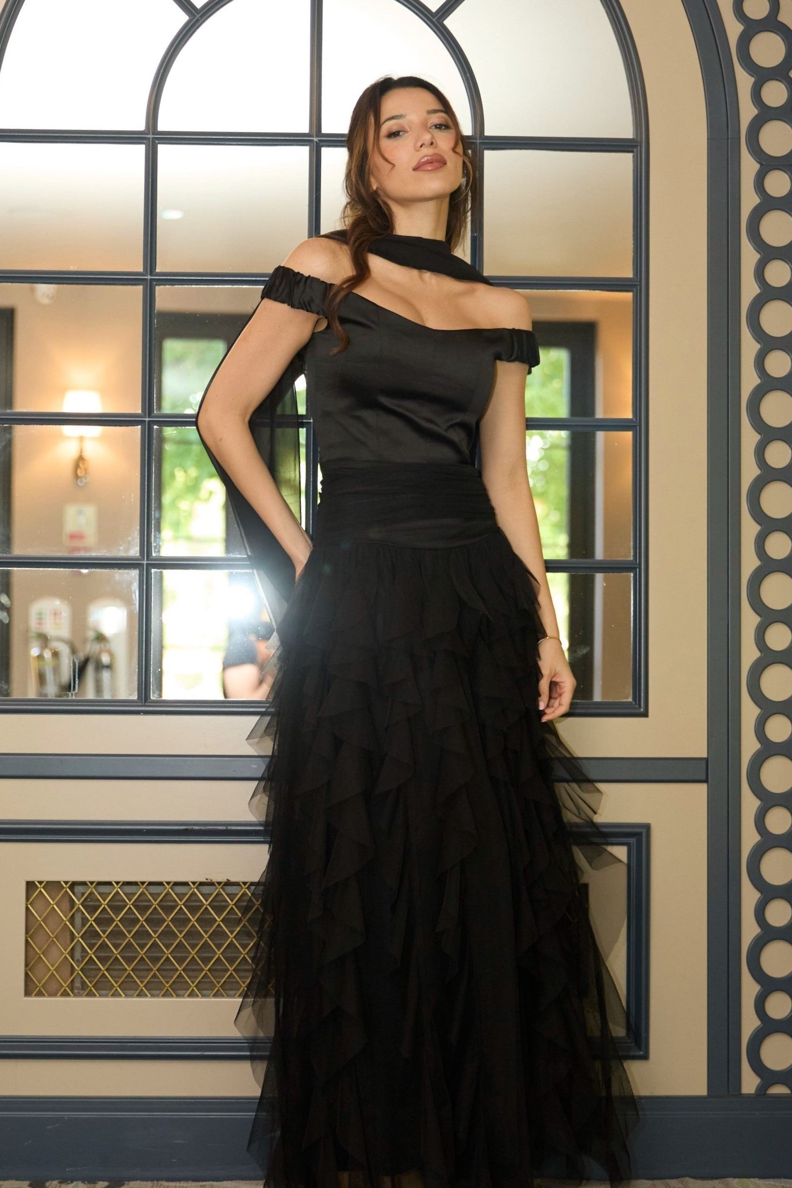 Satin tulle ruffle black maxi off shoulder evening formal dress