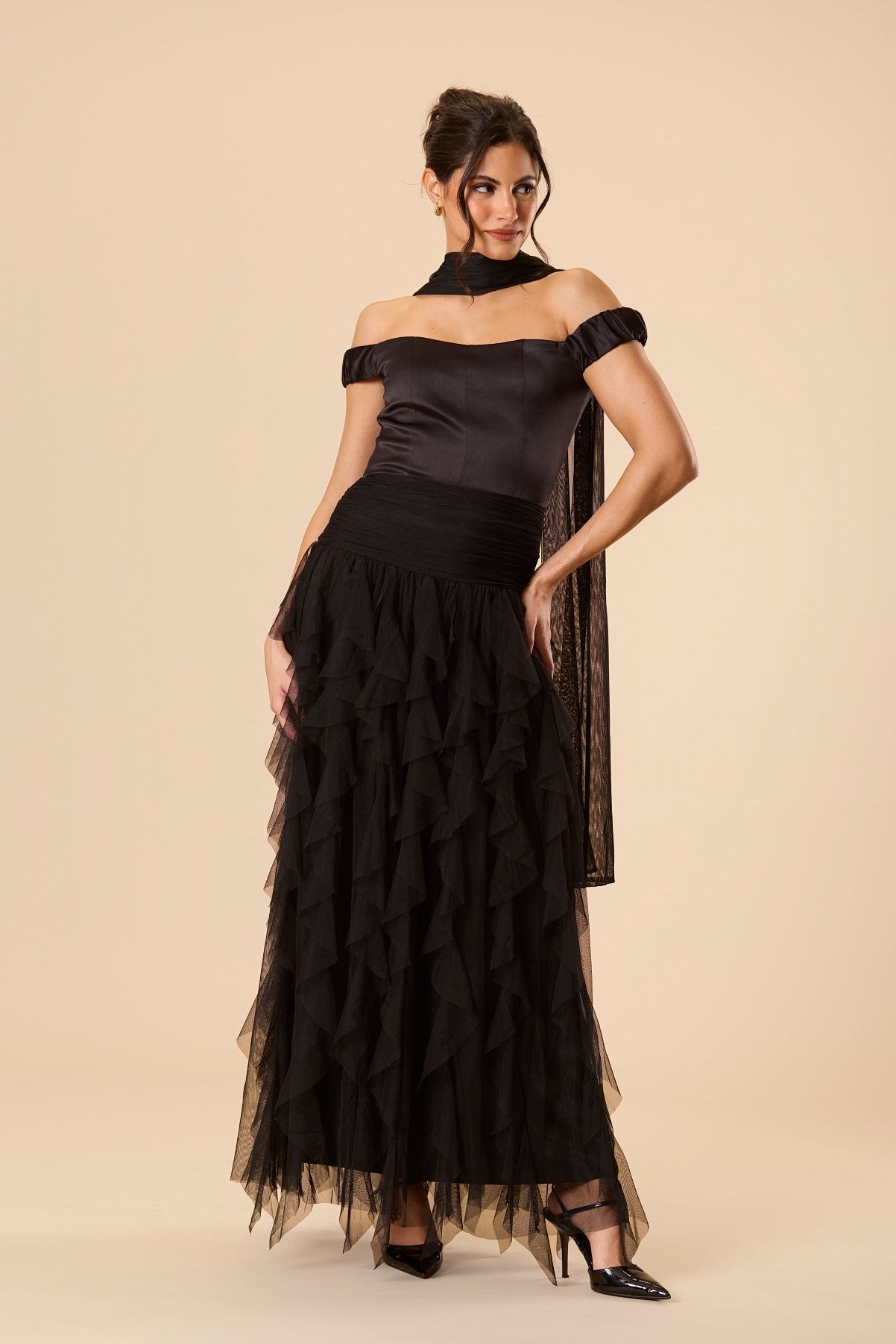 Shauna Off Shoulder Maxi Dress with Scarf in Black