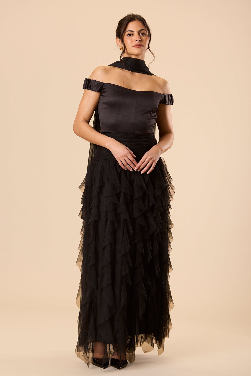 Satin tulle ruffle black maxi off shoulder evening formal dress