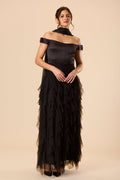 Satin tulle ruffle black maxi off shoulder evening formal dress