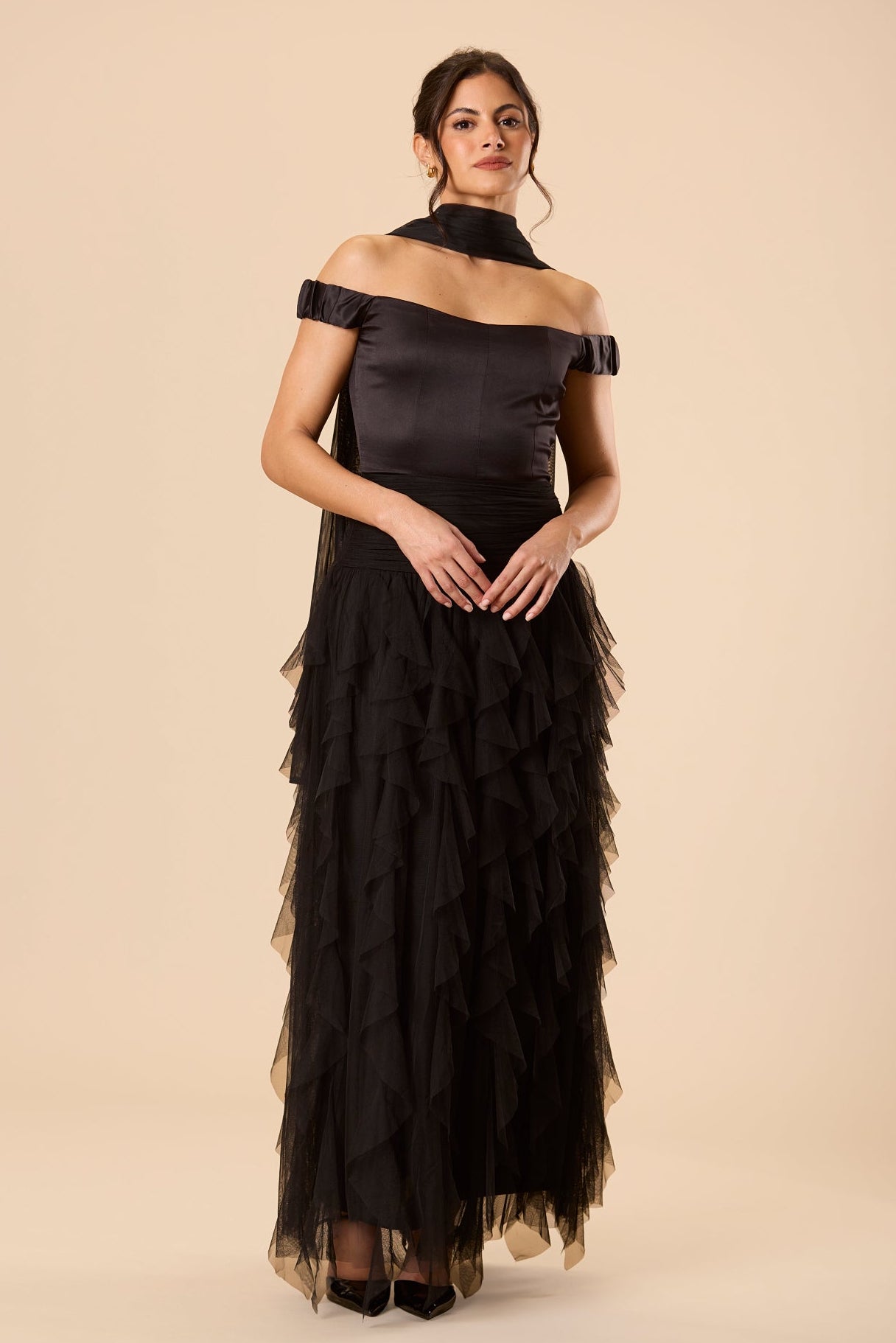 Satin tulle ruffle black maxi off shoulder evening formal dress