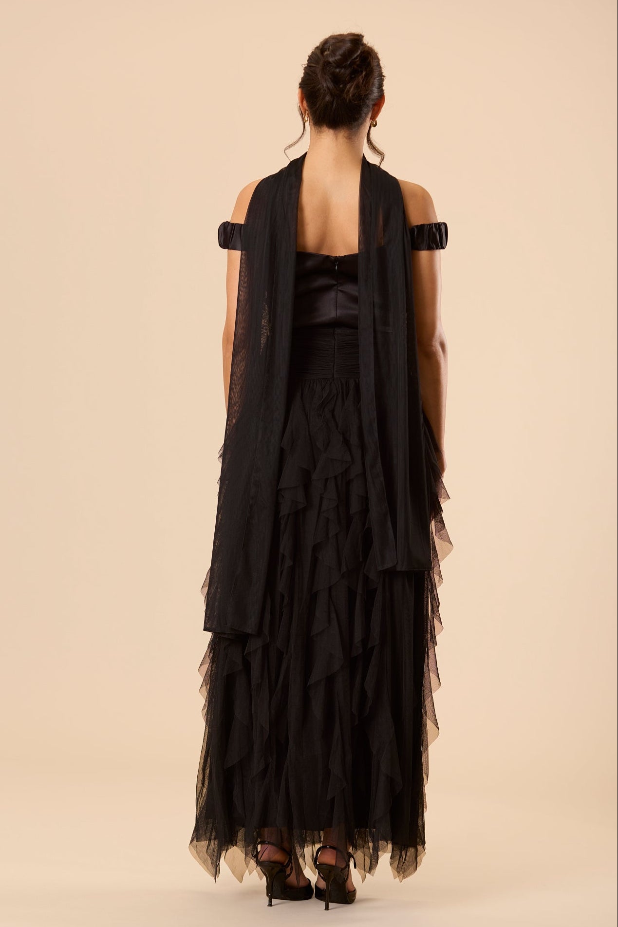 Shauna Off Shoulder Maxi Dress with Scarf in Black