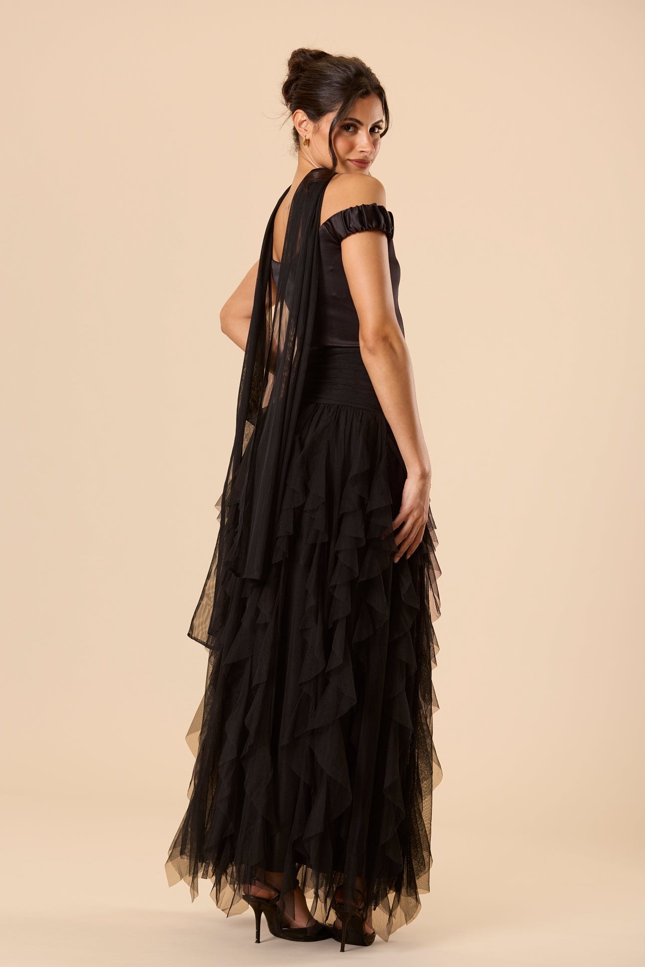 Shauna Off Shoulder Maxi Dress with Scarf in Black