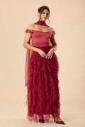 Off shoulder satin sweetheart neckline drop waist tulle ruffle maxi skirt