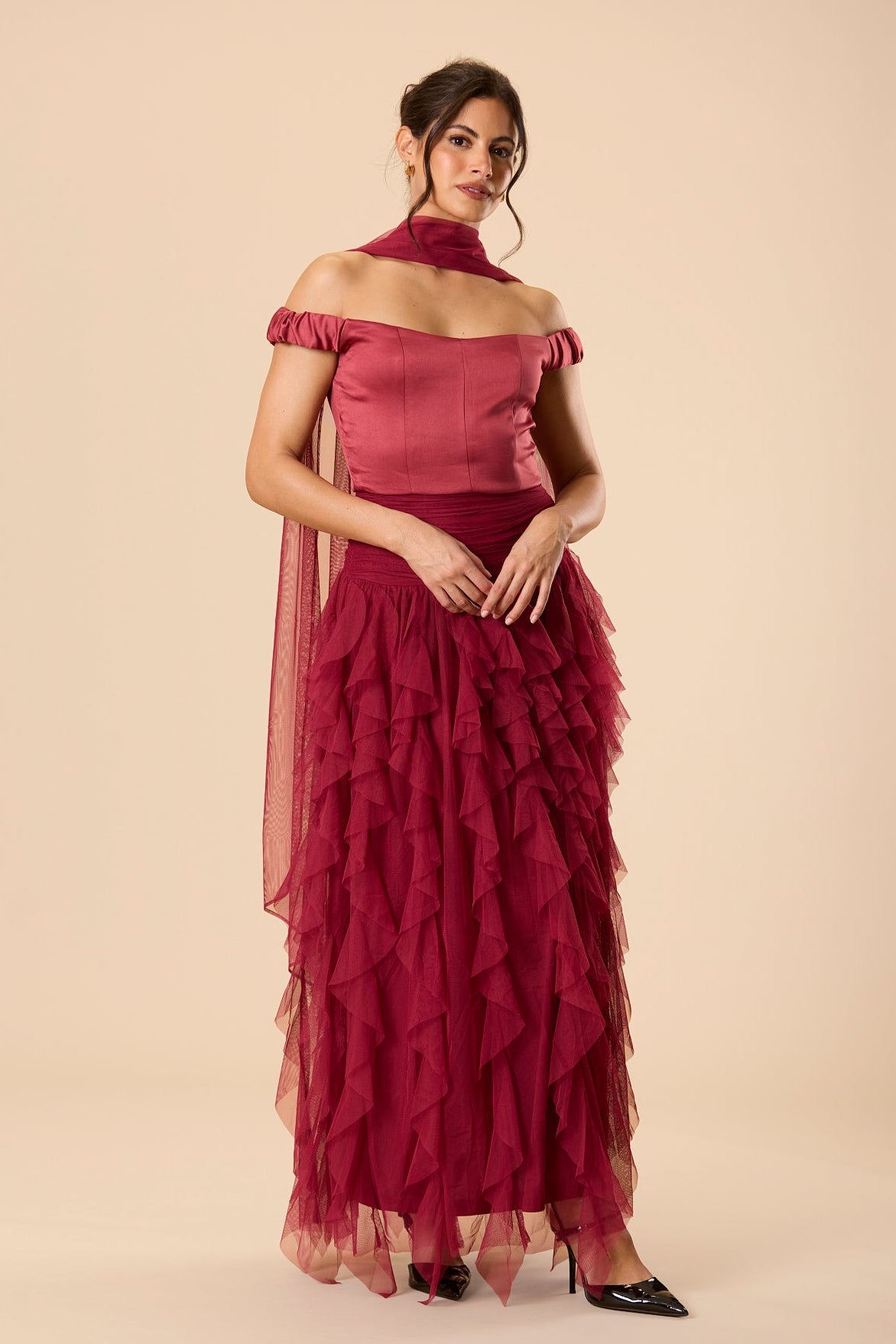 Off shoulder satin sweetheart neckline drop waist tulle ruffle maxi skirt