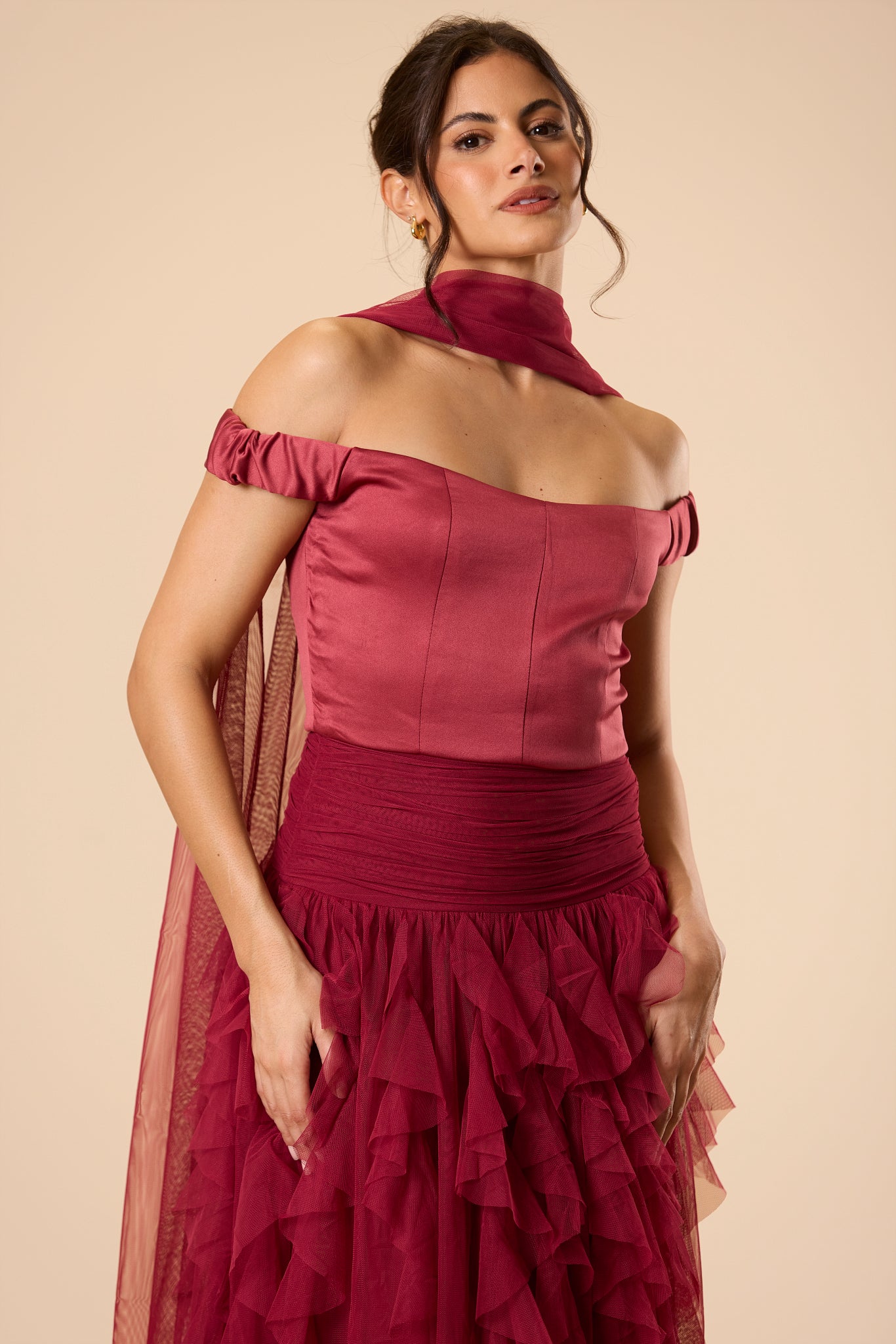 Shauna Off Shoulder Maxi Dress with Scarf in Raspberry