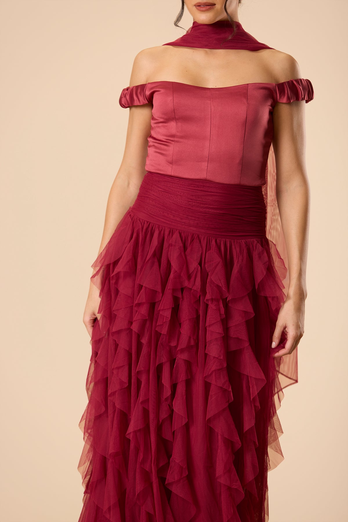 Shauna Off Shoulder Maxi Dress with Scarf in Raspberry