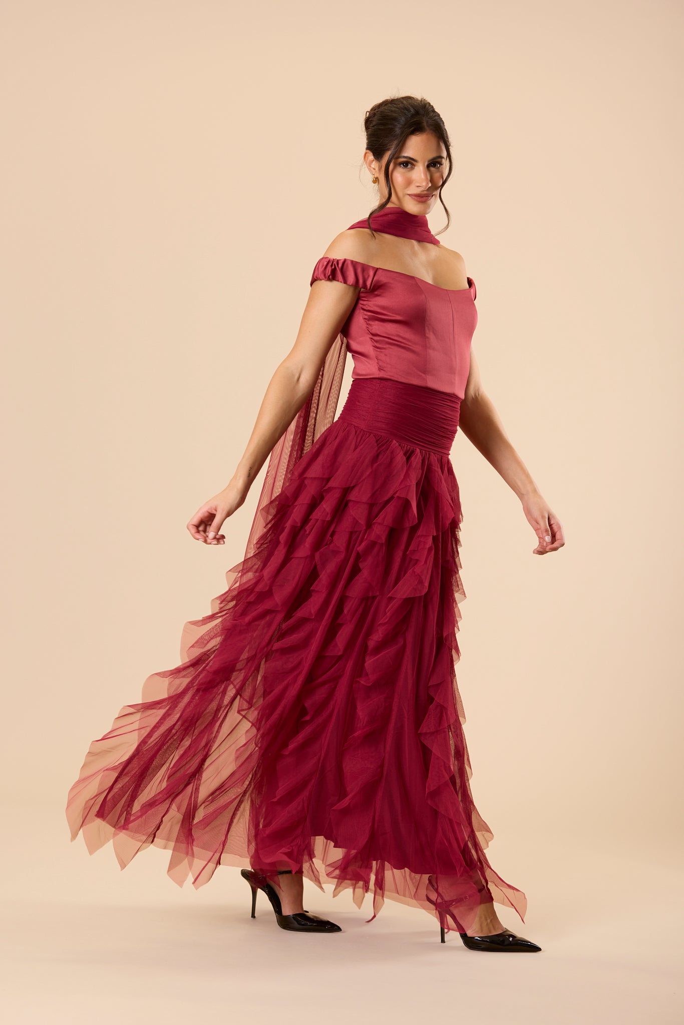 Shauna Off Shoulder Maxi Dress with Scarf in Raspberry