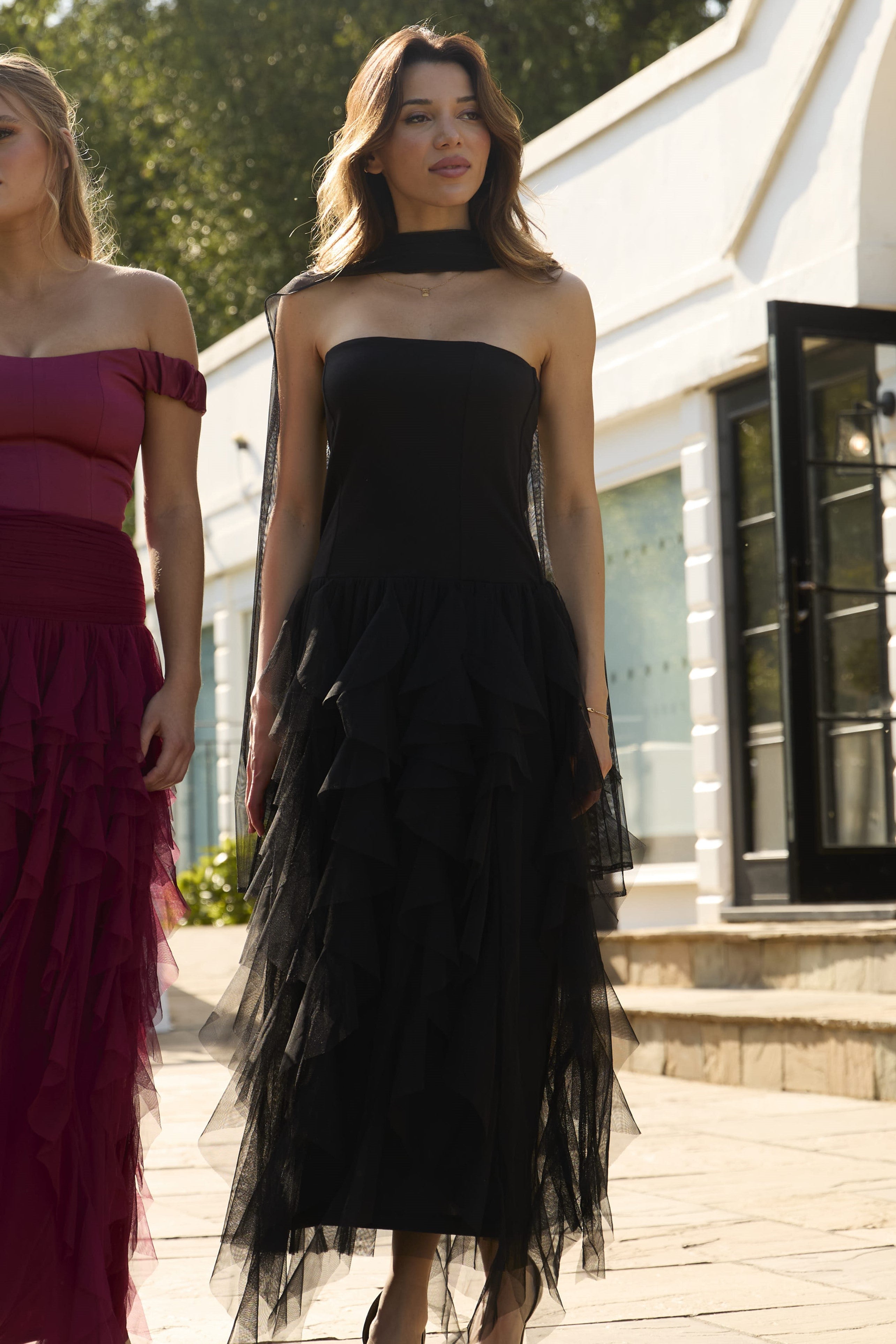 Twilight Strapless Maxi Dress with Scarf in Black