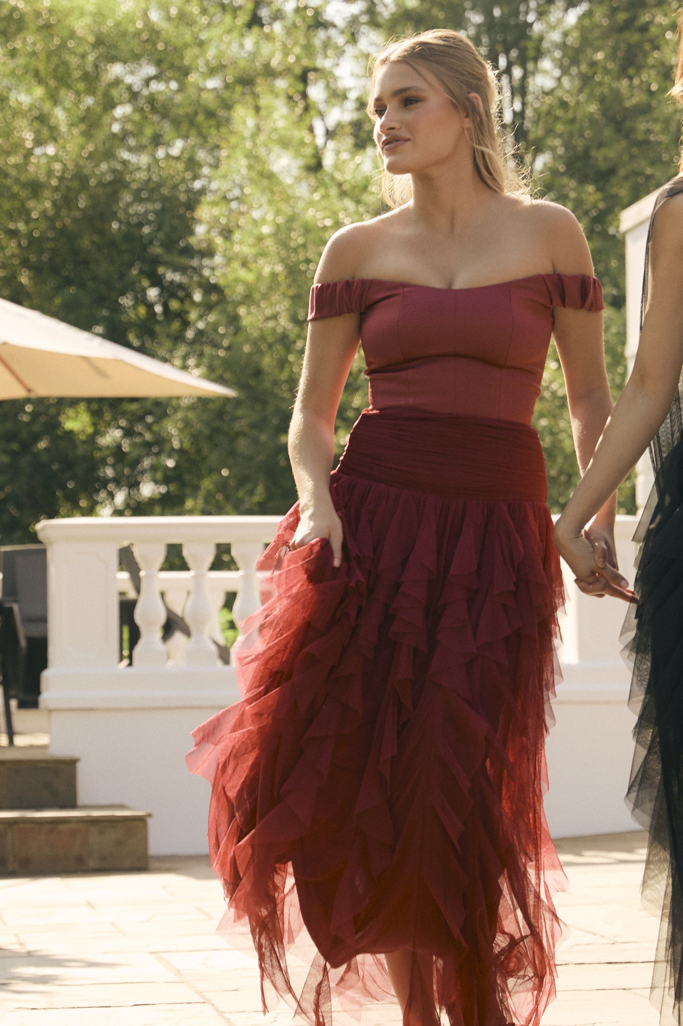 Off shoulder satin sweetheart neckline drop waist tulle ruffle maxi skirt