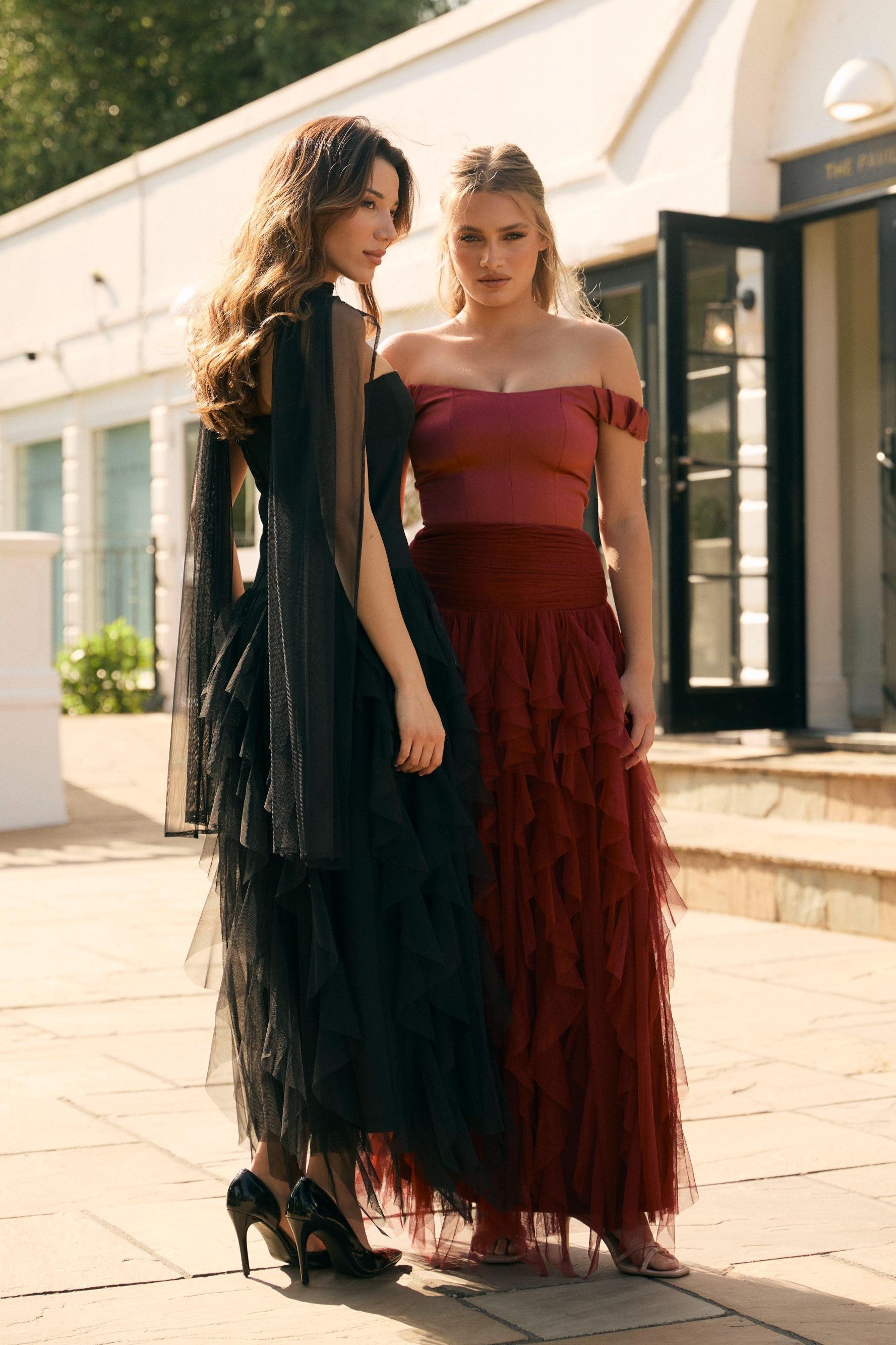 Off shoulder satin sweetheart neckline drop waist tulle ruffle maxi skirt