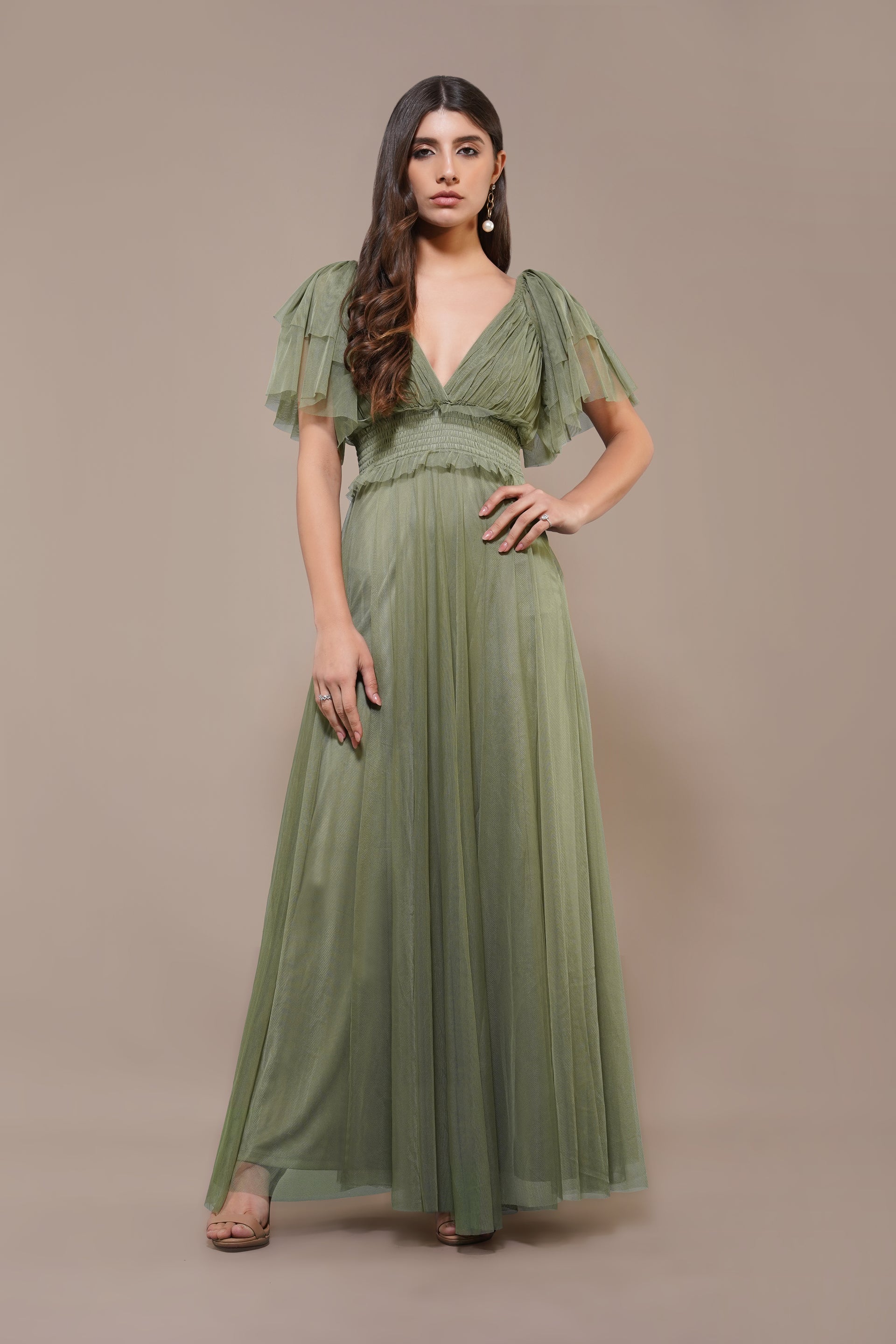 Olive Green Maxi Tulle Sun Dress cinched waist