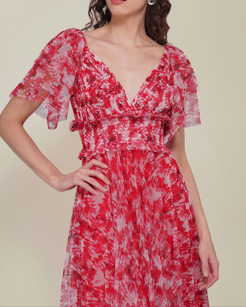 Shelby Tulle Maxi Dress in Red Floral