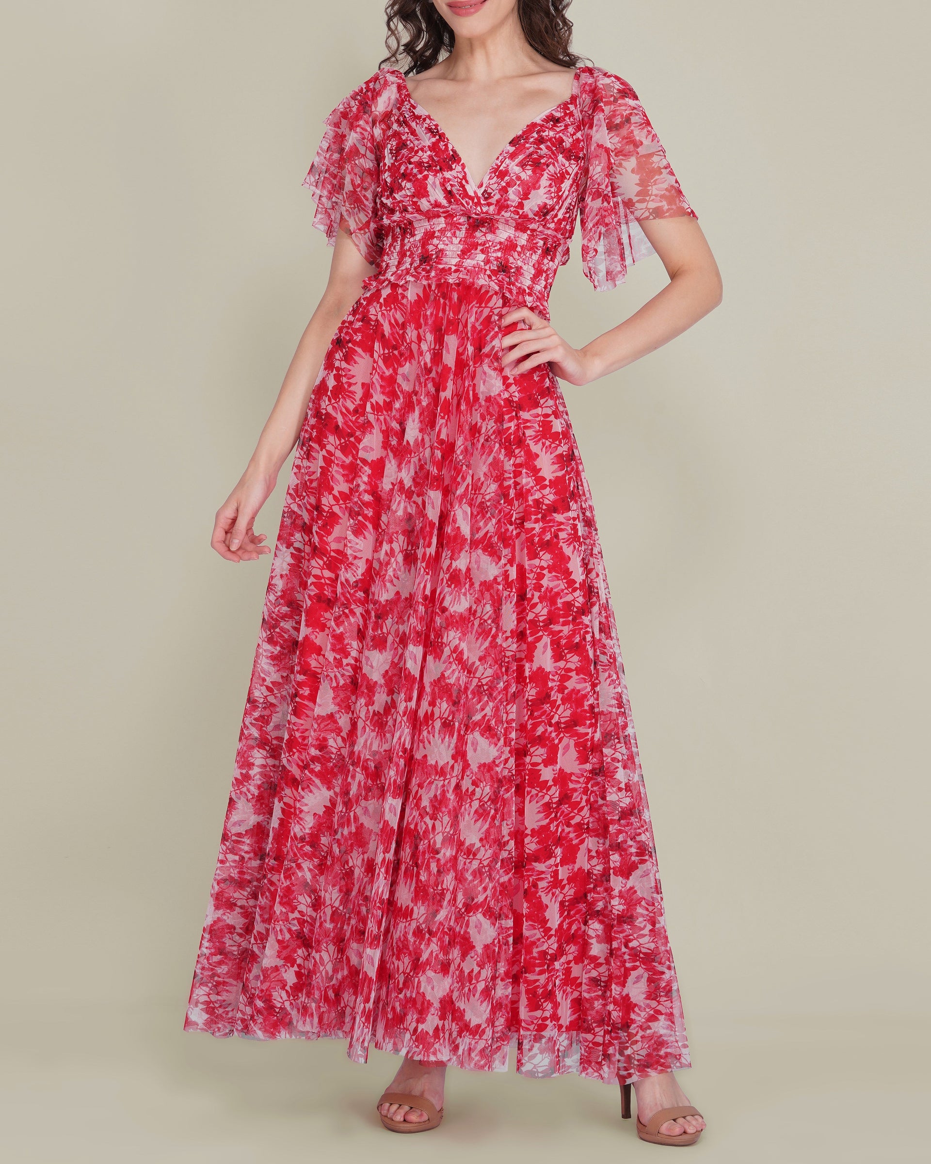 Shelby Tulle Maxi Dress in Red Floral