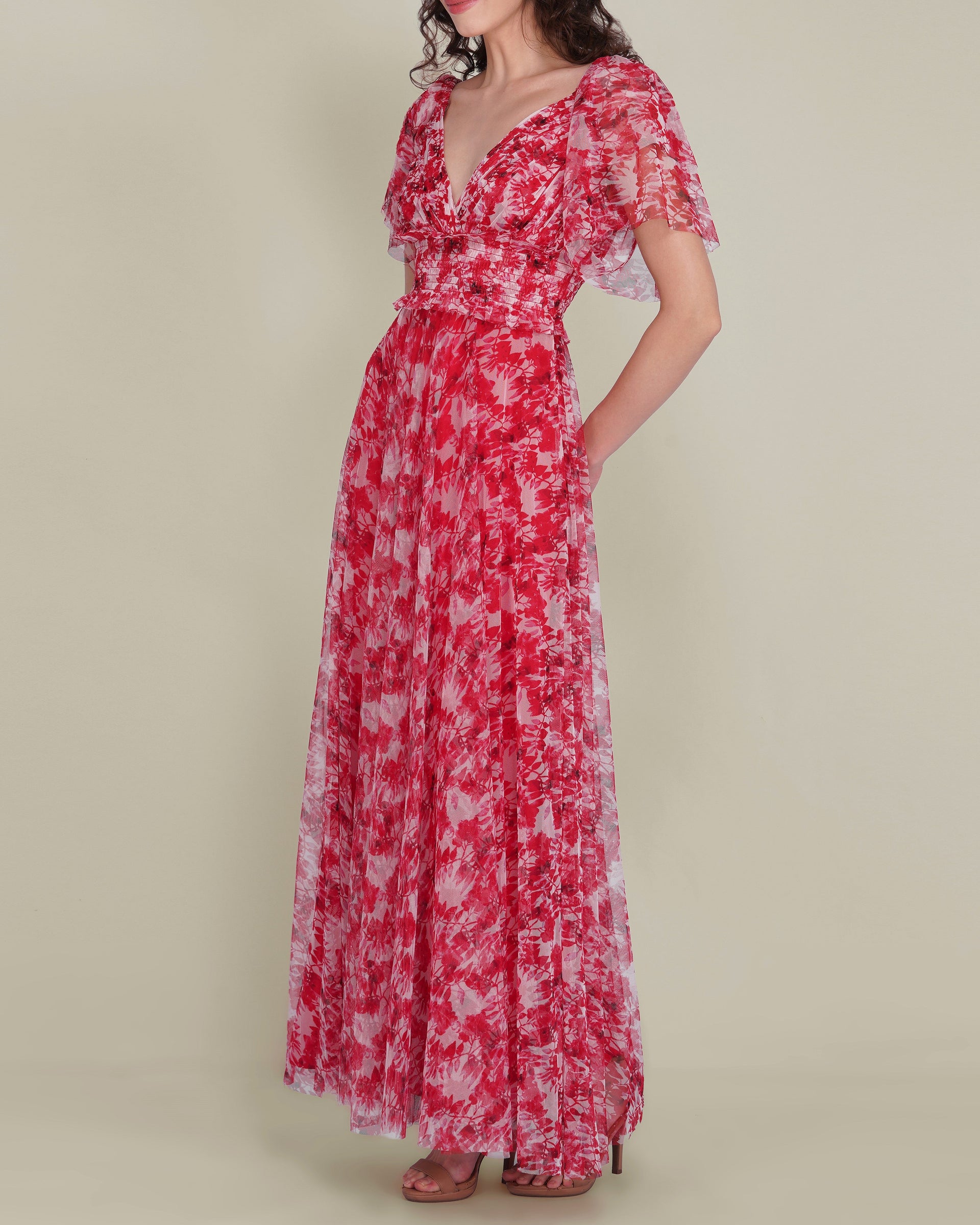 Shelby Tulle Maxi Dress in Red Floral