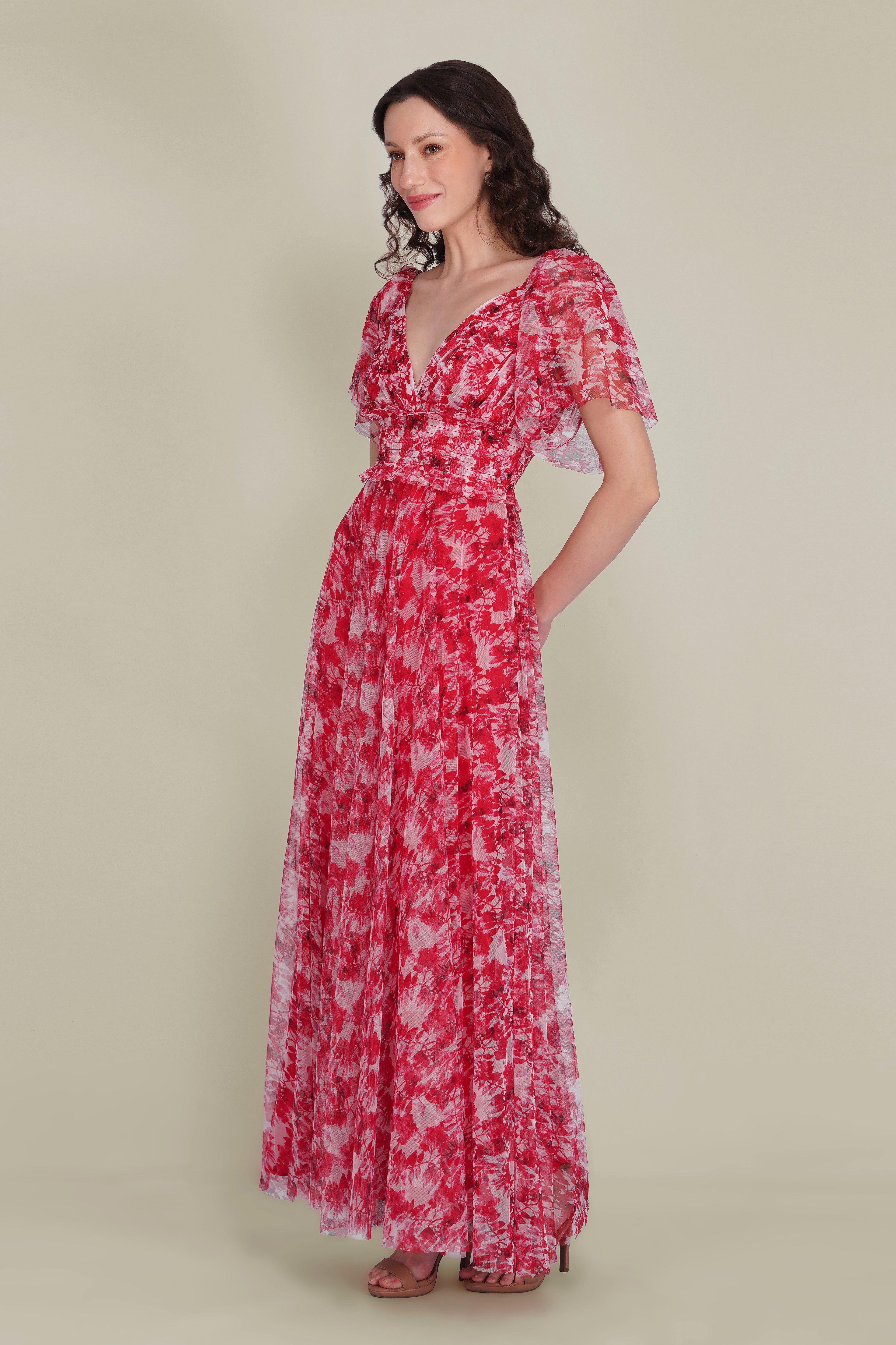 Shelby Tulle Maxi Dress in Red Floral