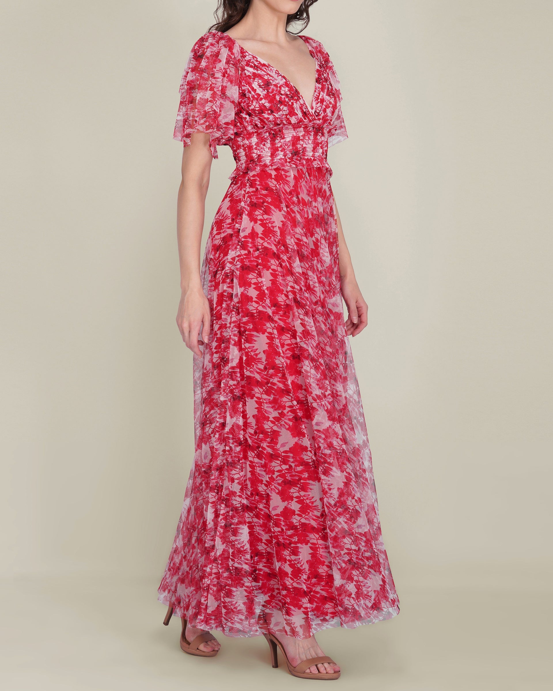Shelby Tulle Maxi Dress in Red Floral
