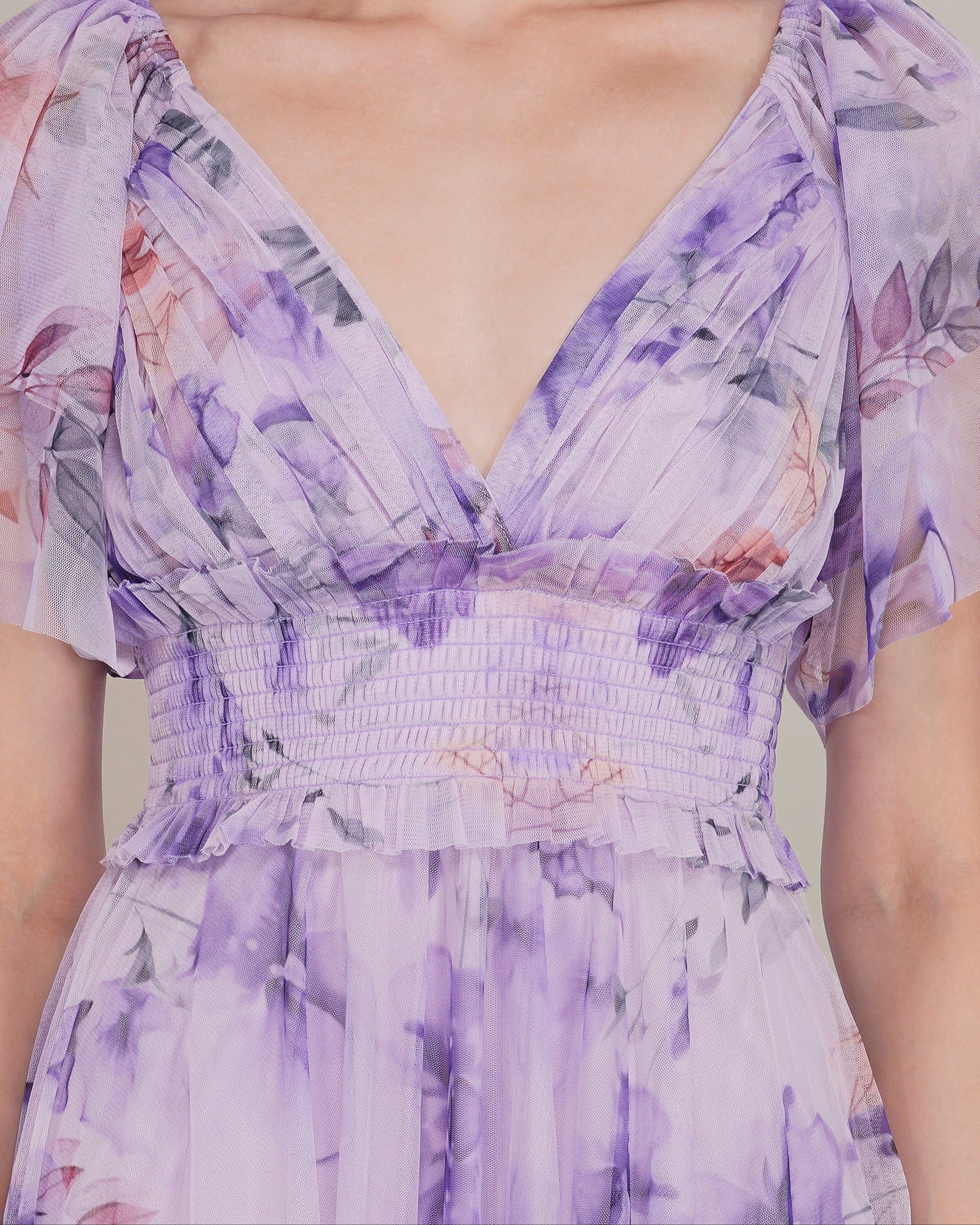 Shelby Tulle Midi Dress in Lilac Floral