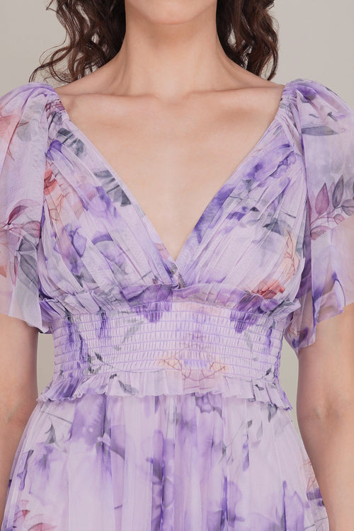 Shelby Tulle Midi Dress in Lilac Floral