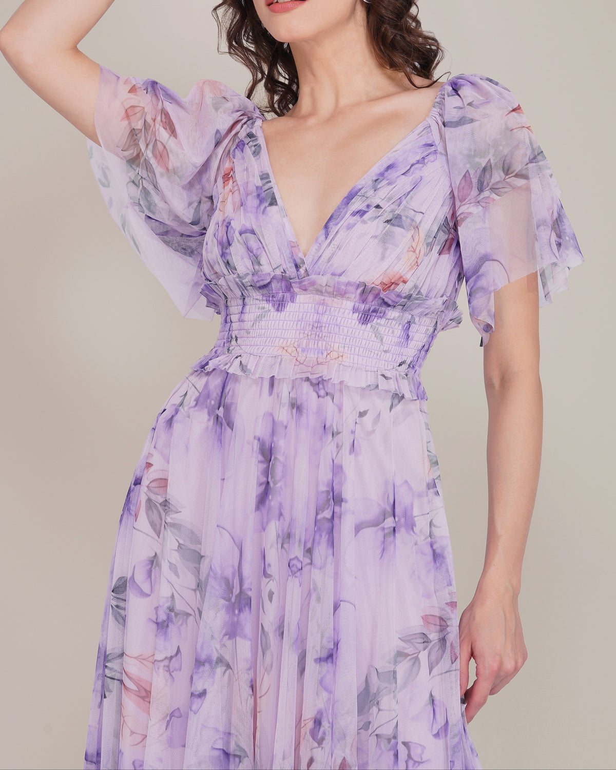 Shelby Tulle Midi Dress in Lilac Floral