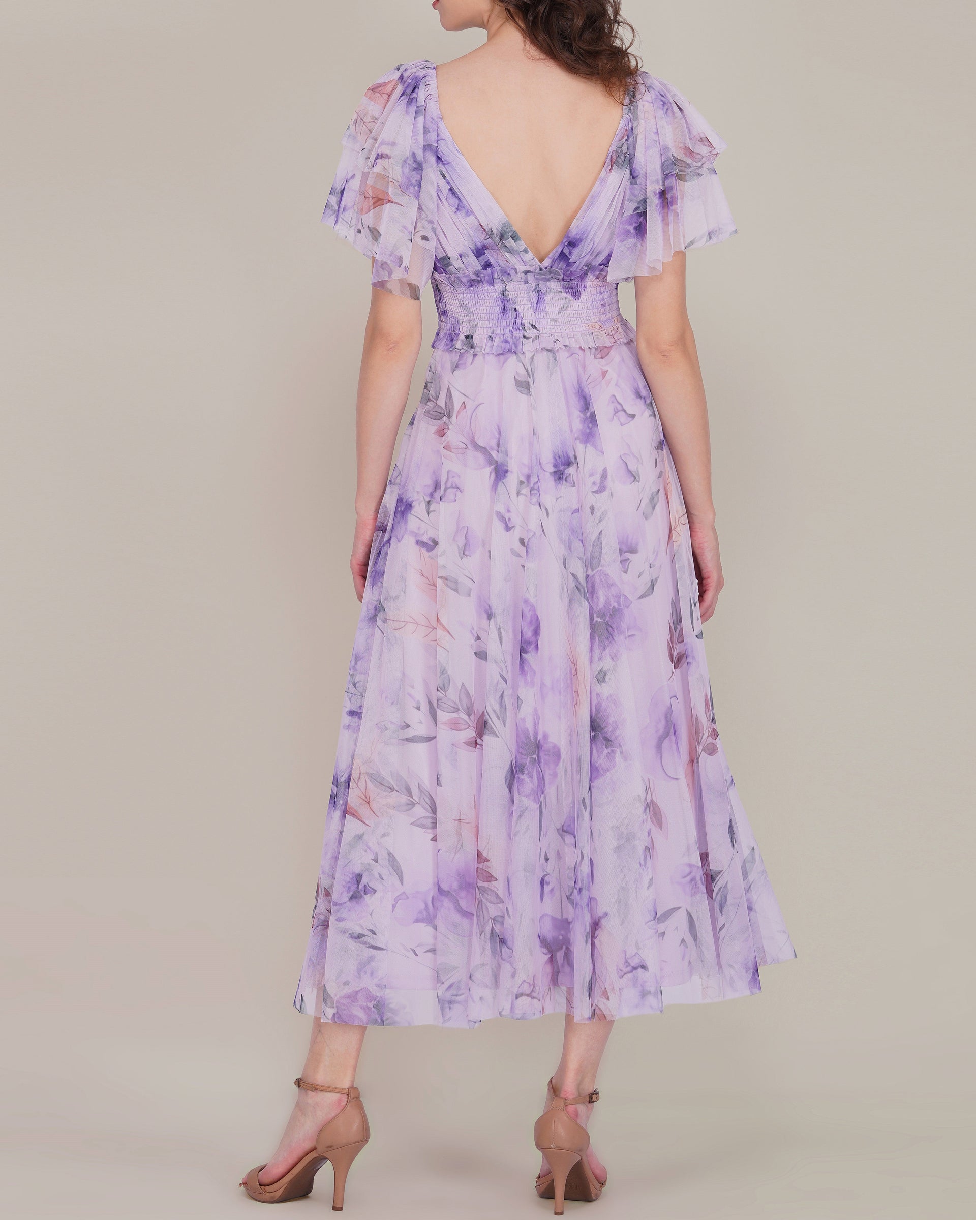 Shelby Tulle Midi Dress in Lilac Floral