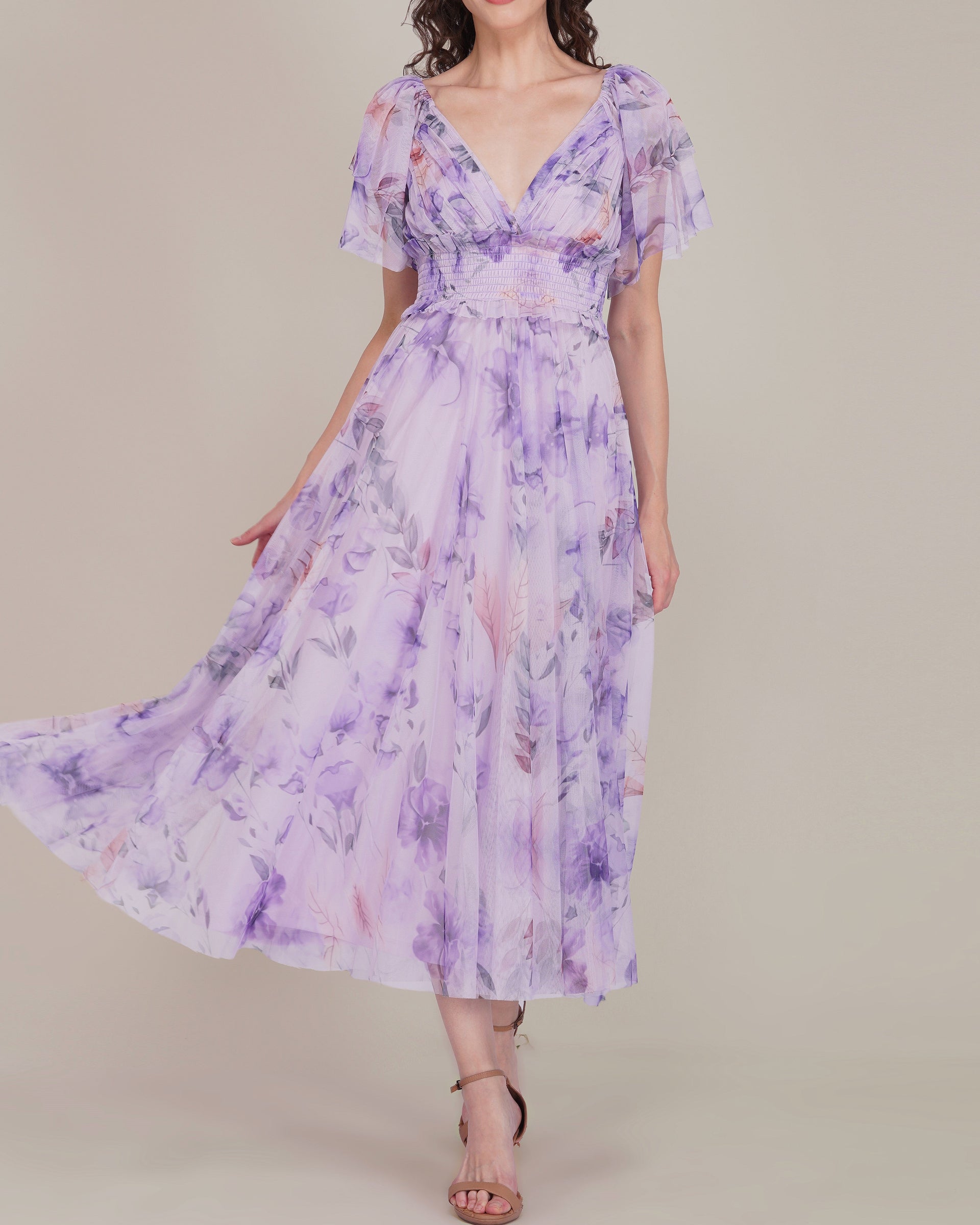 Shelby Tulle Midi Dress in Lilac Floral