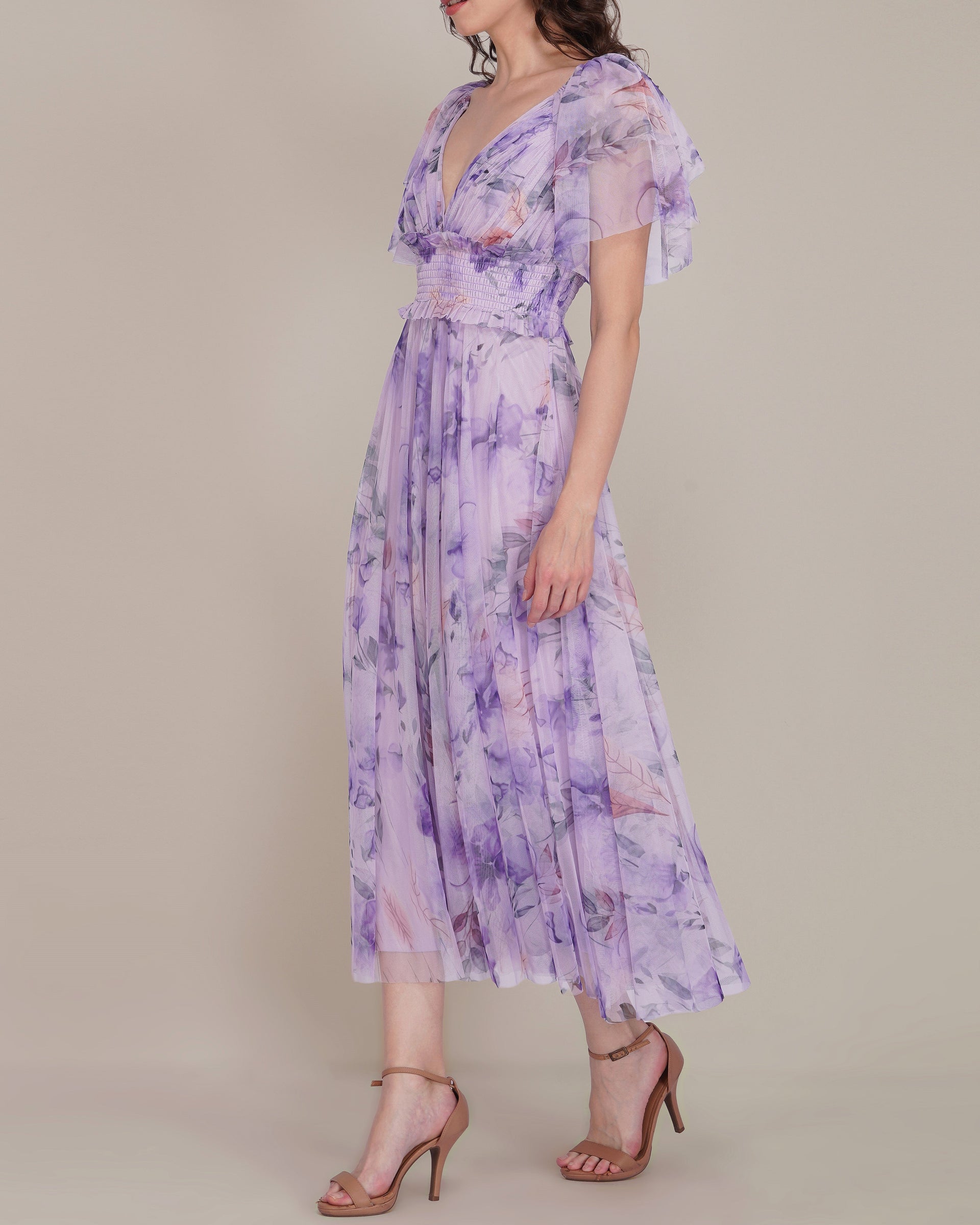 Shelby Tulle Midi Dress in Lilac Floral