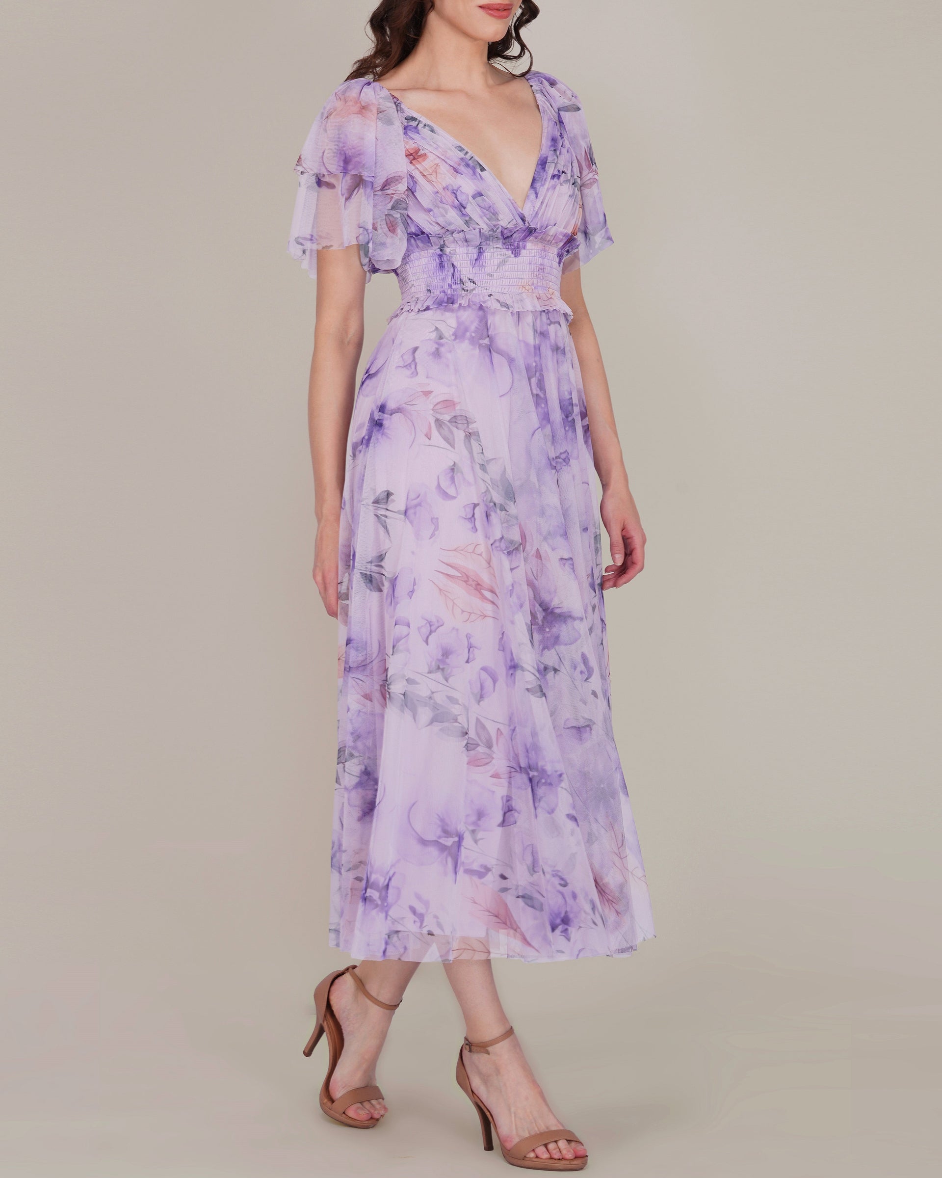 Shelby Tulle Midi Dress in Lilac Floral