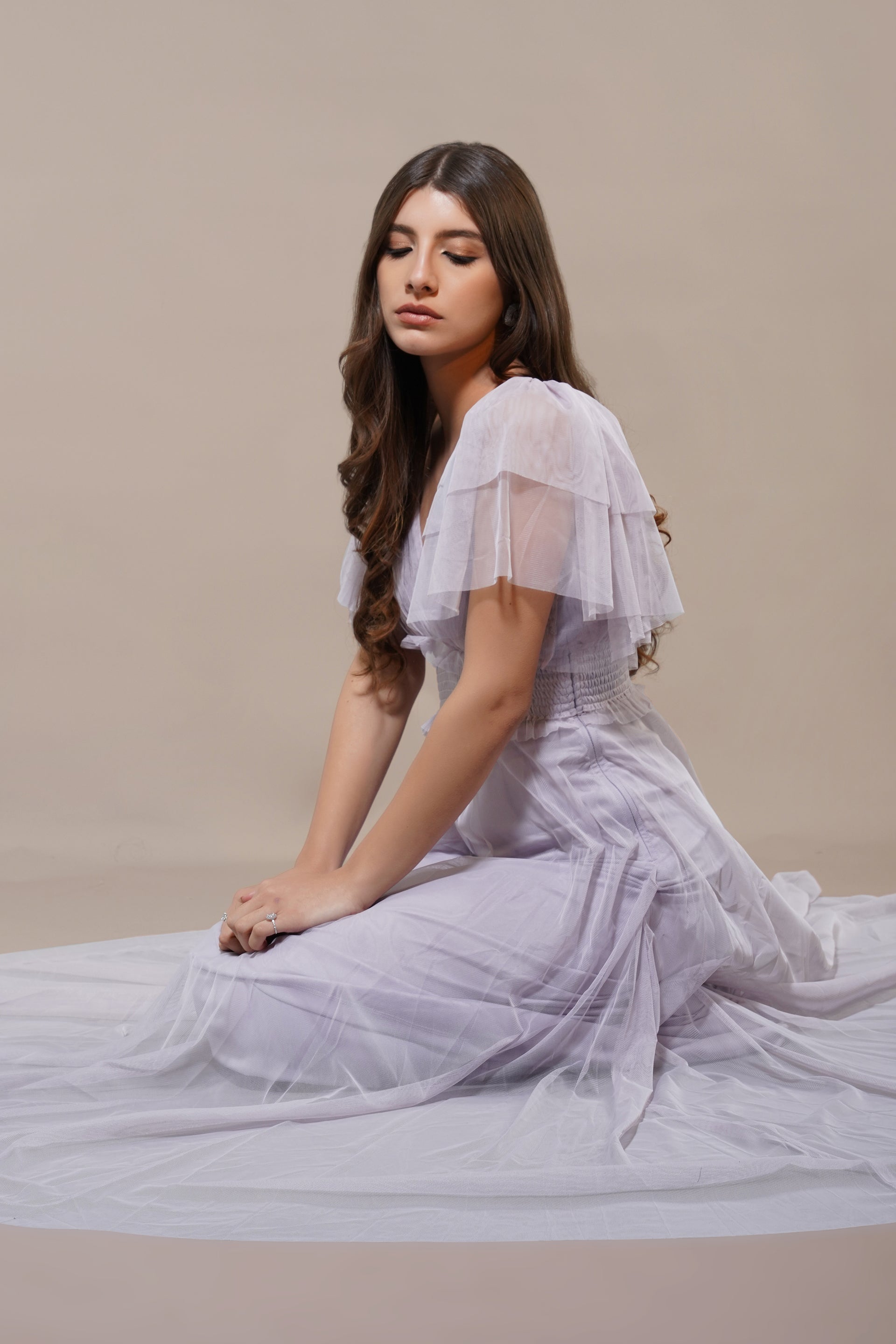 Plunging v-neck a-line tulle maxi dress lilac purple pastel