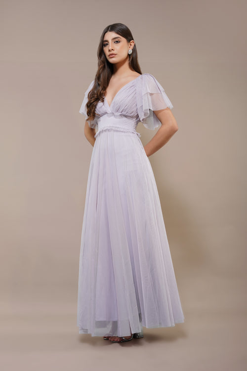 lace & beads layered tulle bardot maxi dress in lilac Lace & Beads Petite ruffle shoulder tiered tulle maxi dress in lilac floral