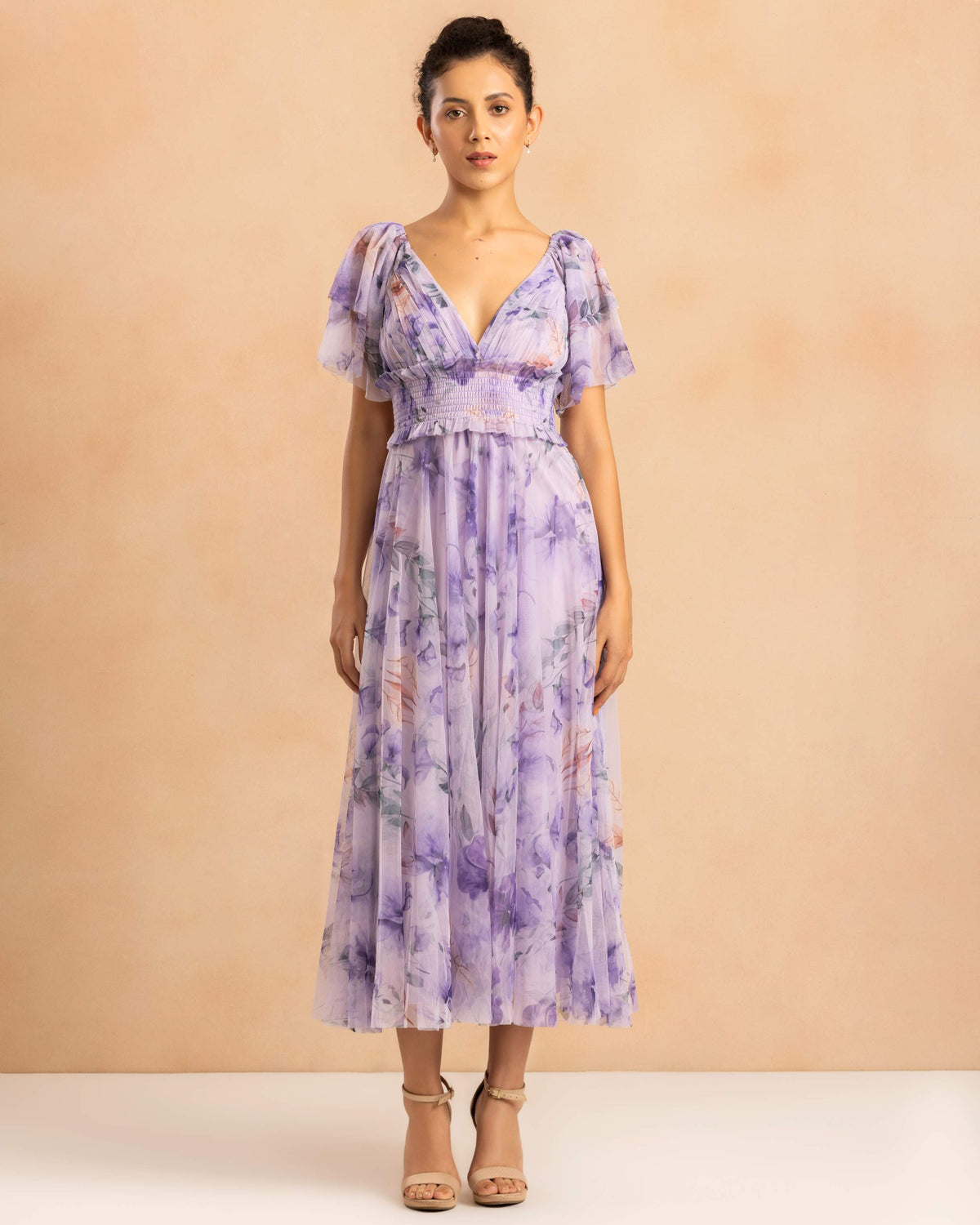 Shelby Tulle Midi Dress in Lilac Floral