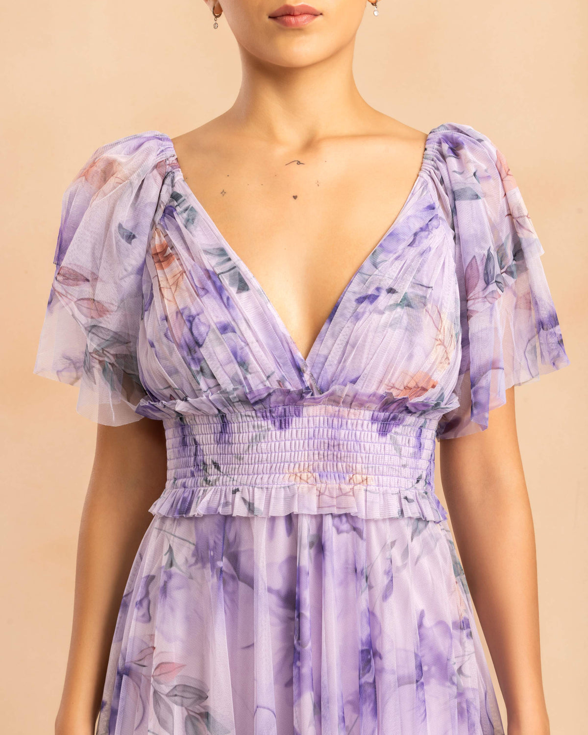 Shelby Tulle Midi Dress in Lilac Floral