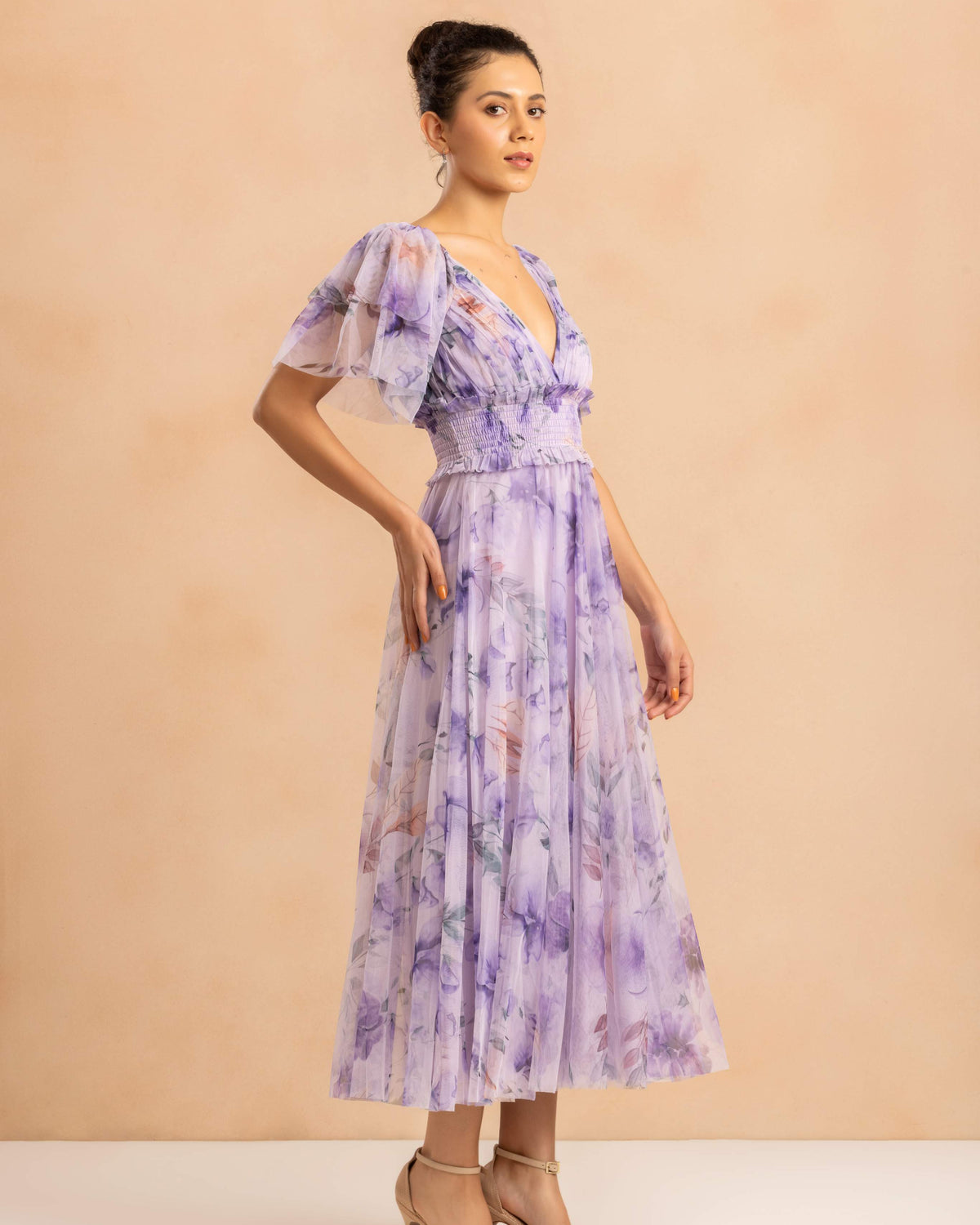 Shelby Tulle Midi Dress in Lilac Floral
