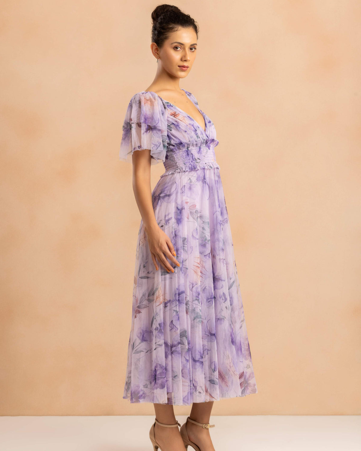 Shelby Tulle Midi Dress in Lilac Floral