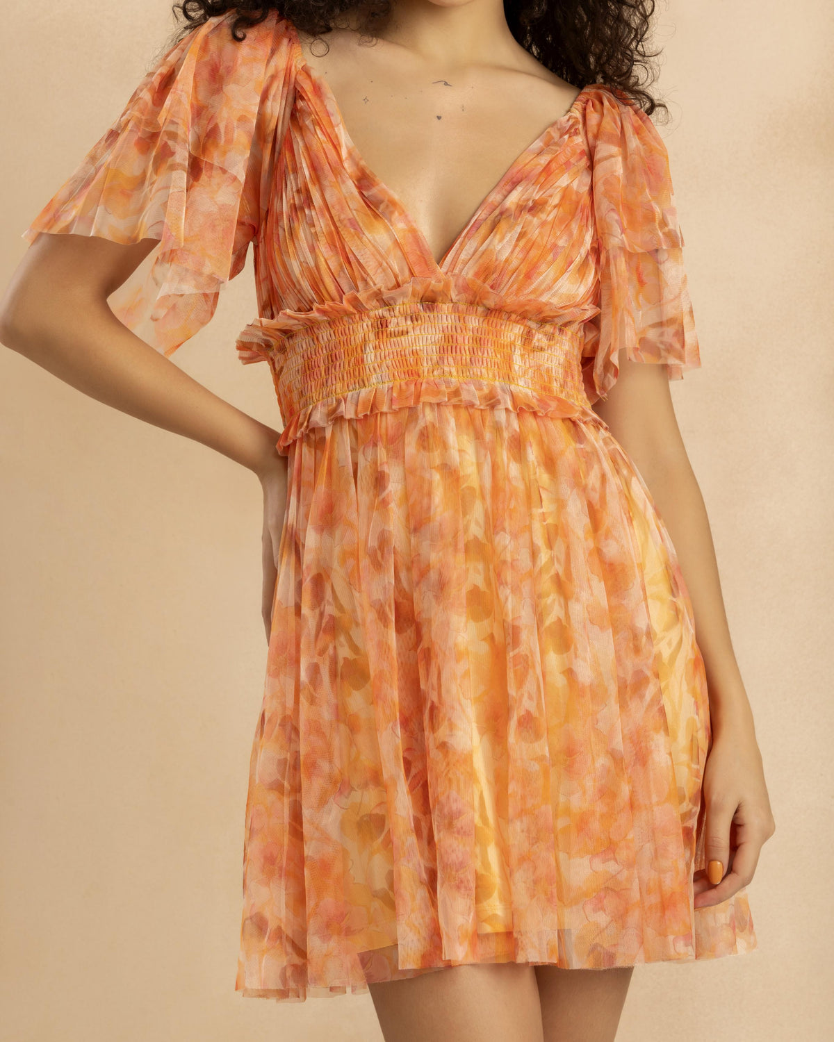 Shelby Tulle Mini Dress in Orange Camellia Print